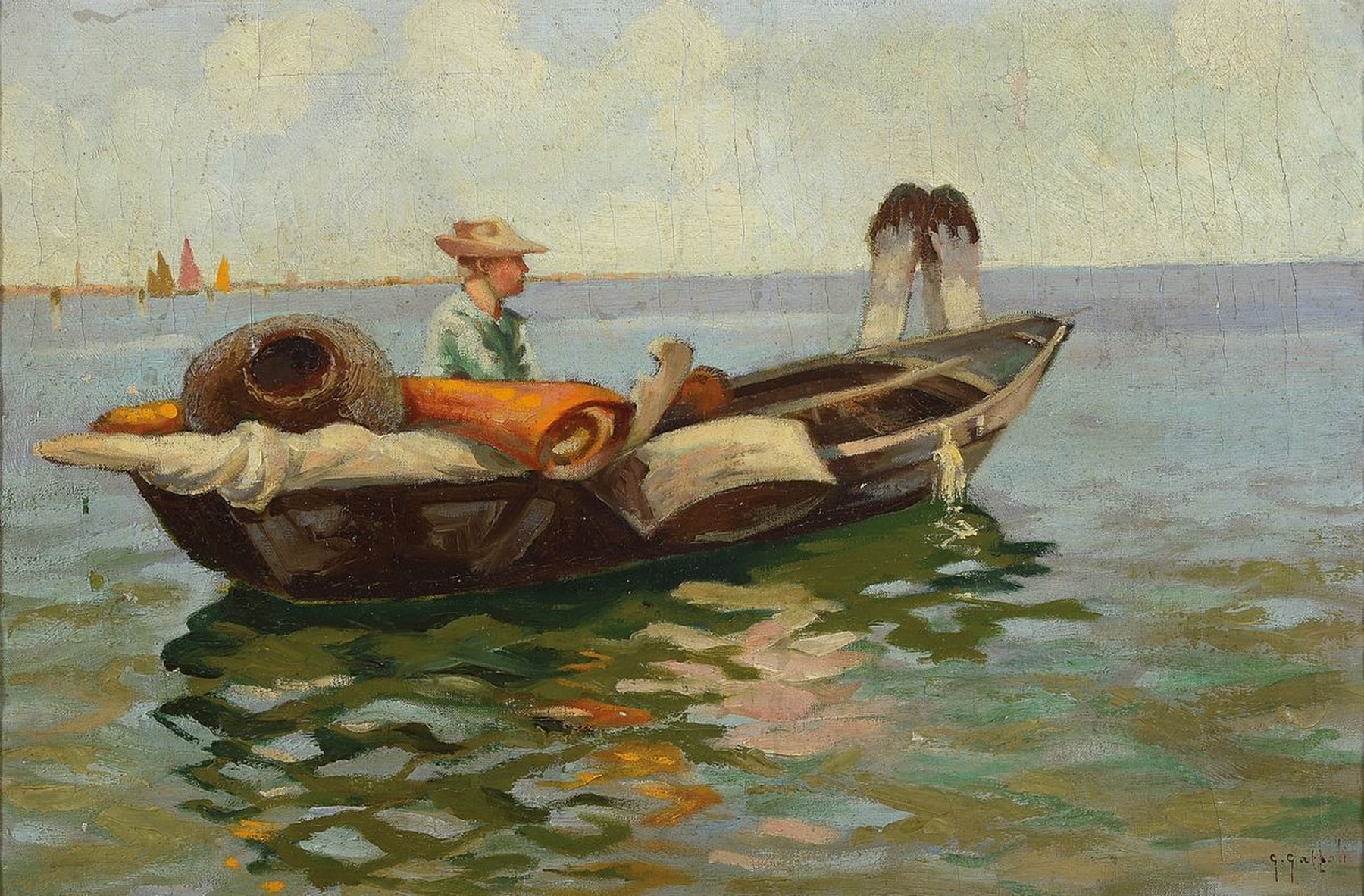 G. Gattoli, italienischer Maler um 1900-20, Fischer im Boot in der Lagune von Venedig, Öl/Lwd, krakeliert, rechts unten signiert, ca. 40x60cm, R. ...
