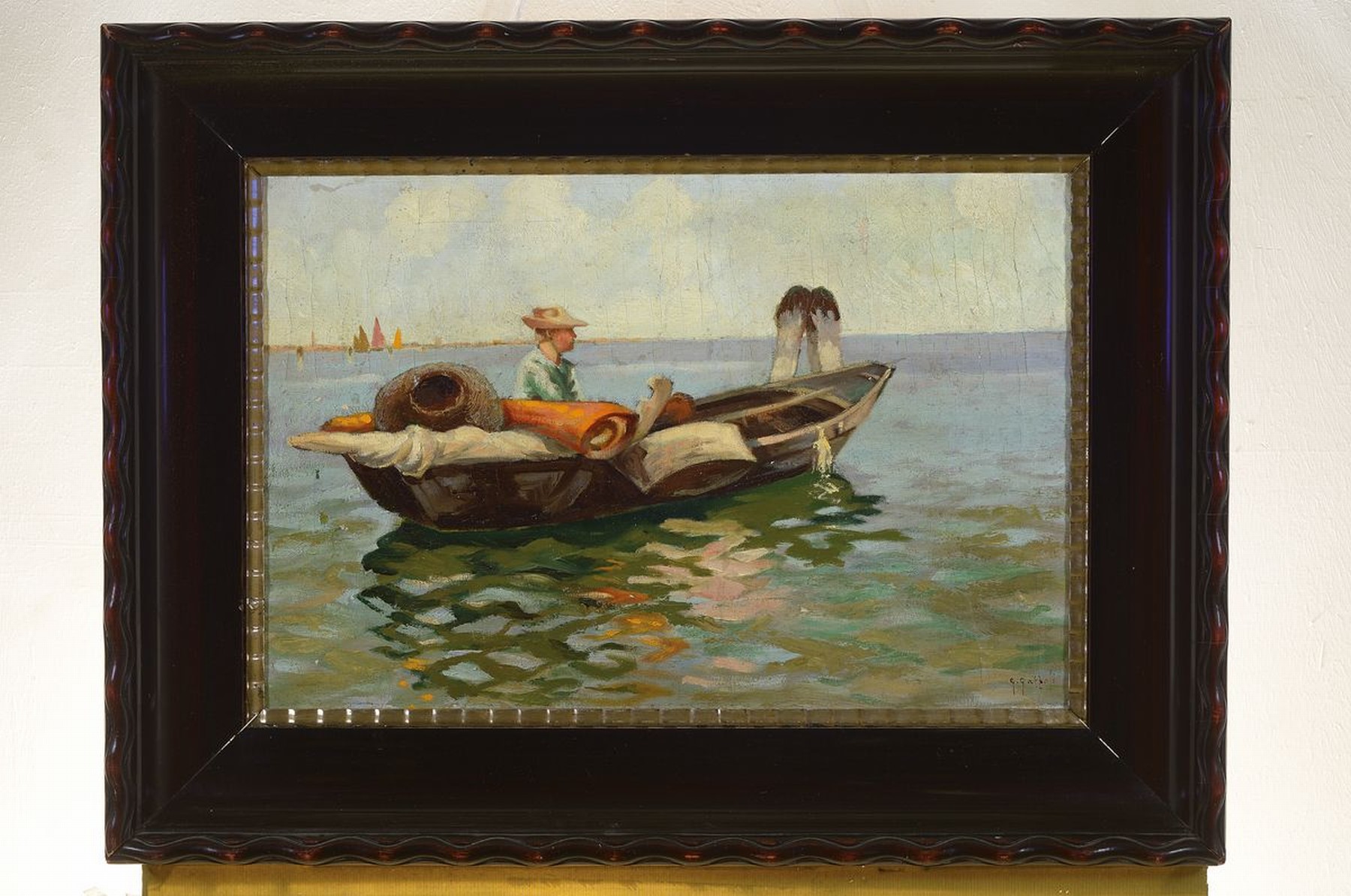 Detail k: G. Gattoli, italienischer Maler um 1900-20, Fischer im Boot in der Lagune von Venedig, Öl/Lwd, krakeliert, rechts unten signiert, ca. 40x60cm, R. ...