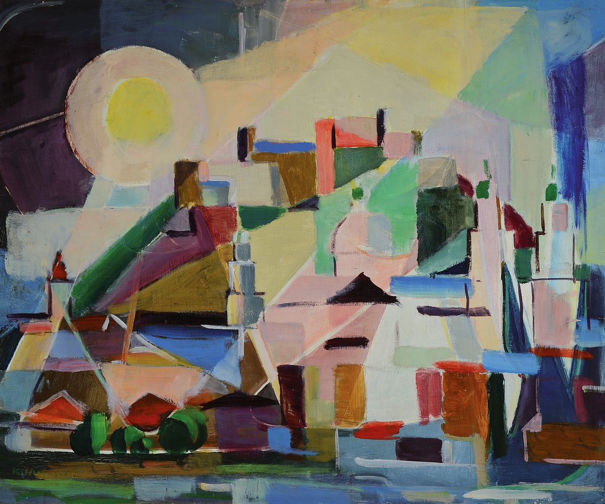 Karl Hufnagel, 1906 Harthausen-1995 Speyer, Sonne über einem Bergdorf, Öl/Sperrholz, links unten signiert, rückseitig ebenfalls bemalt mit einer ...