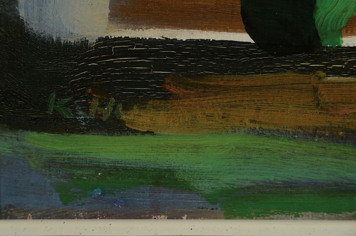Detail a: Karl Hufnagel, 1906 Harthausen-1995 Speyer, Sonne über einem Bergdorf, Öl/Sperrholz, links unten signiert, rückseitig ebenfalls bemalt mit einer ...