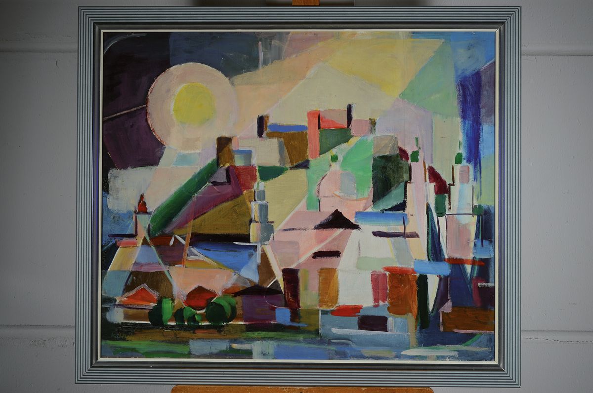 Detail k: Karl Hufnagel, 1906 Harthausen-1995 Speyer, Sonne über einem Bergdorf, Öl/Sperrholz, links unten signiert, rückseitig ebenfalls bemalt mit einer ...