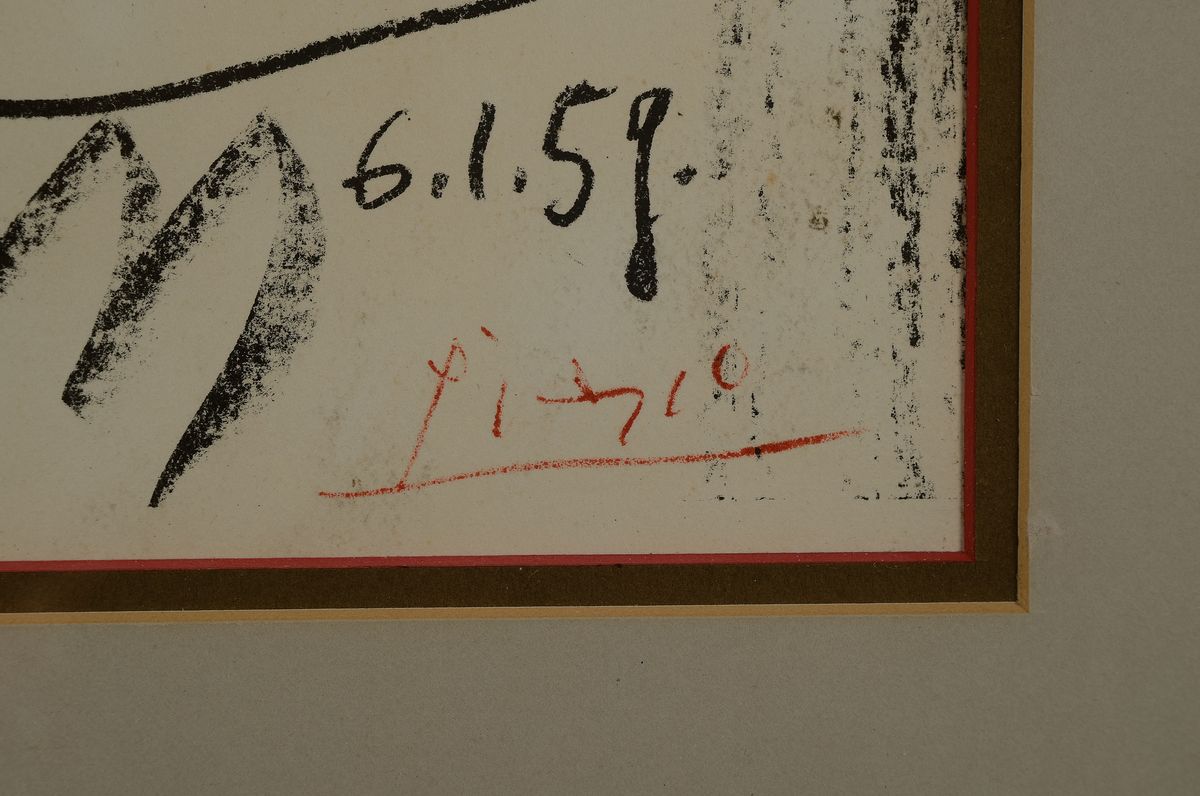 Detail a: Pablo Picasso, 1881 - 1973, "Le Vieux Roi", Lithographie auf Papier, 1959, Bloch 869, schwach gebräuntes Papier, mit rotem Namenszug und ...