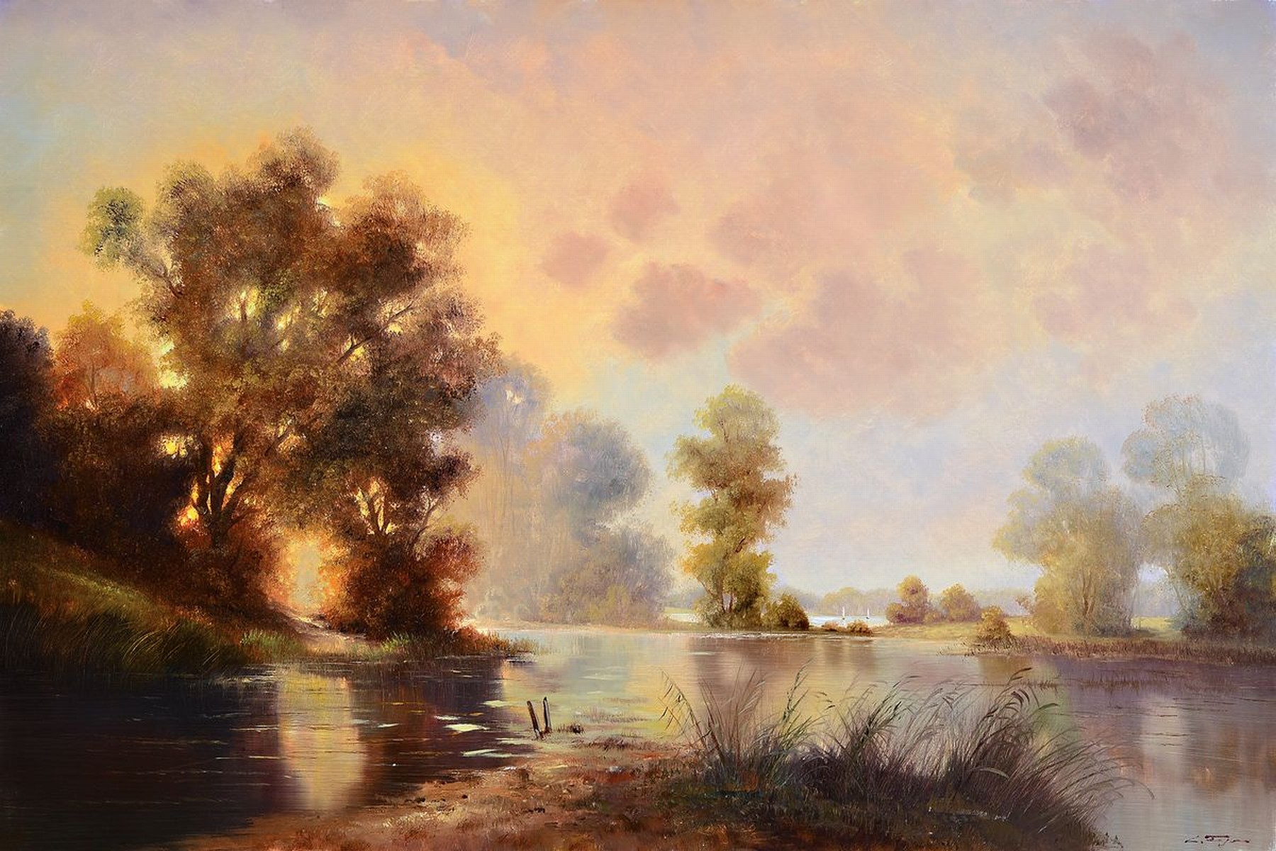 Gottfried Freyer, geb. 1945, Kunststudium in Düsseldorf, romantische Landschaft, signiert, Öl/Lwd., 90 x 61 cm, Rahmen 104 x 75 cm, wurde für 3800 ...