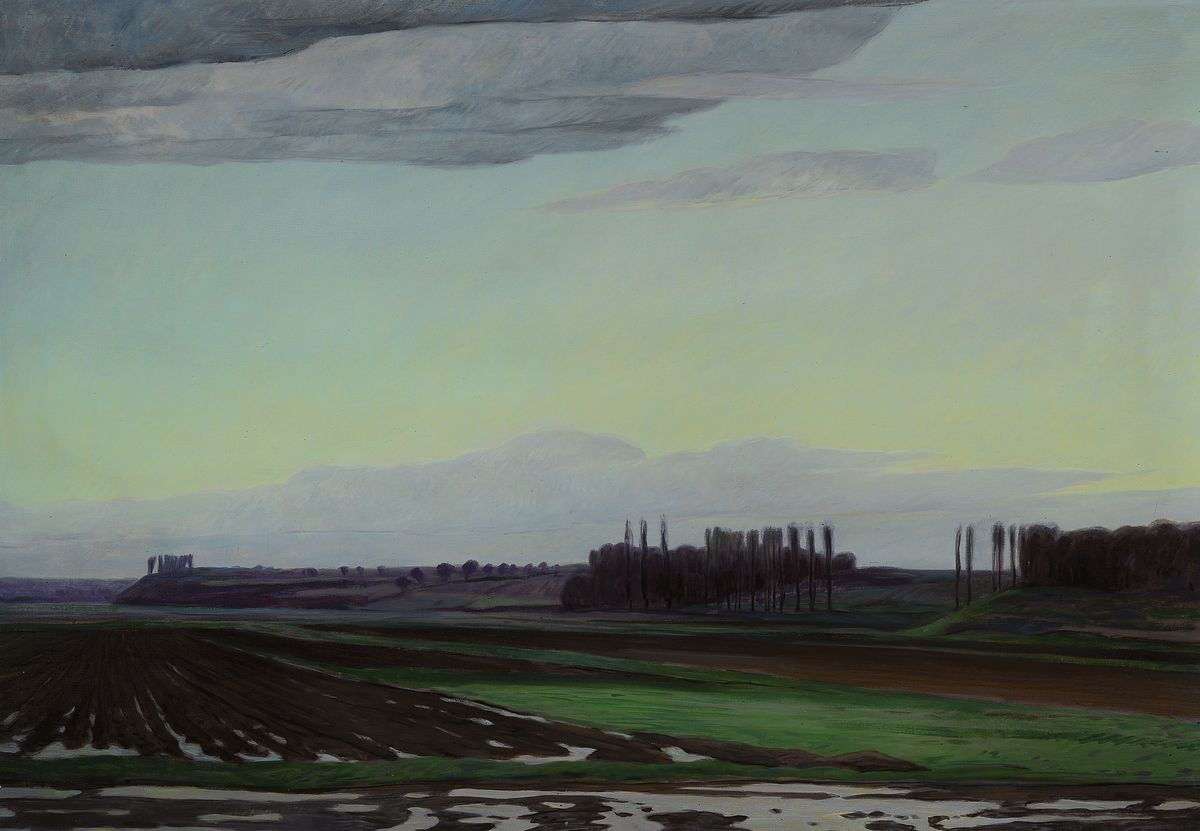 Werner Brand, geb. 1933, lebt und arbeitet in der Pfalz, Landschaft bei Rheinzabern, Öl/Lwd, rechts unten signiert und dat. 86, ca.70x100cm, R.