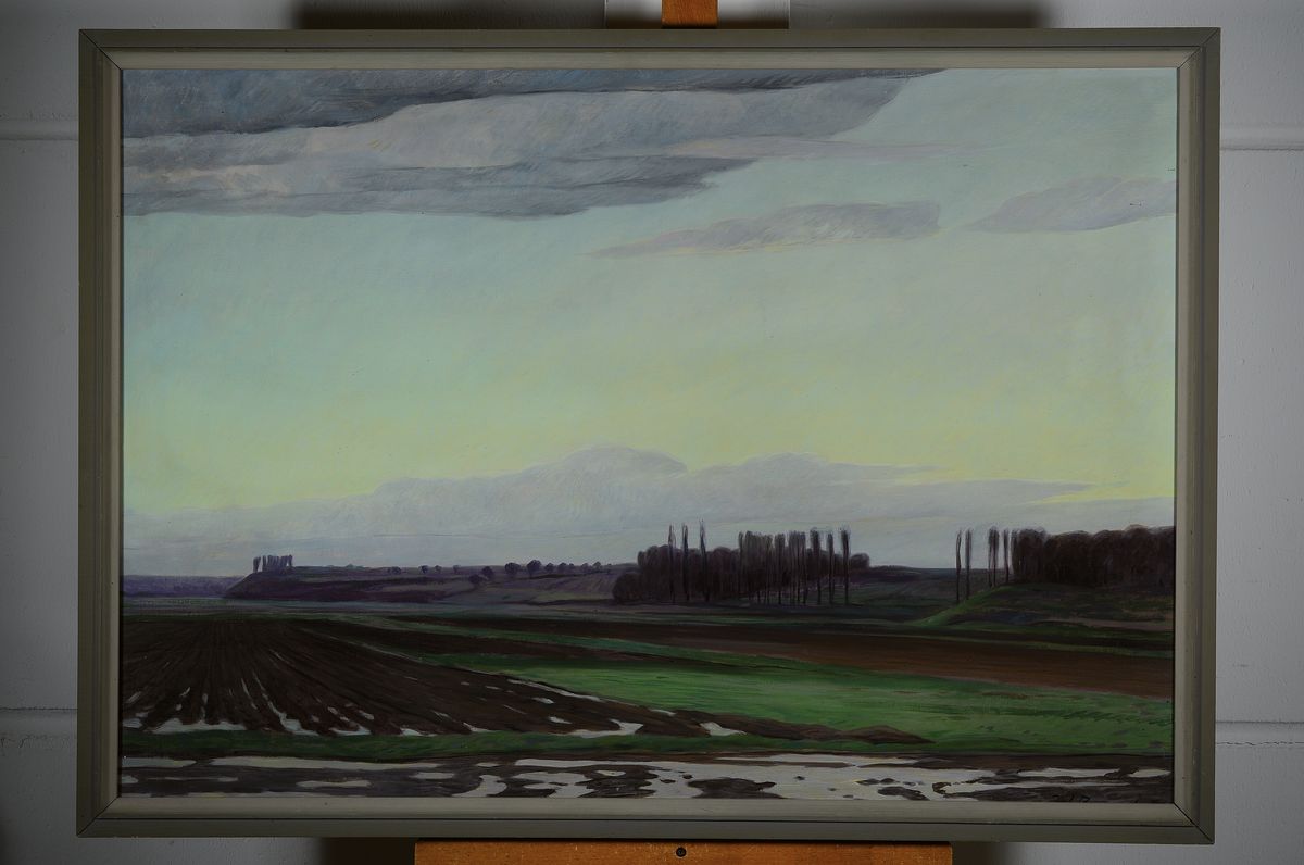 Detail k: Werner Brand, geb. 1933, lebt und arbeitet in der Pfalz, Landschaft bei Rheinzabern, Öl/Lwd, rechts unten signiert und dat. 86, ca.70x100cm, R.