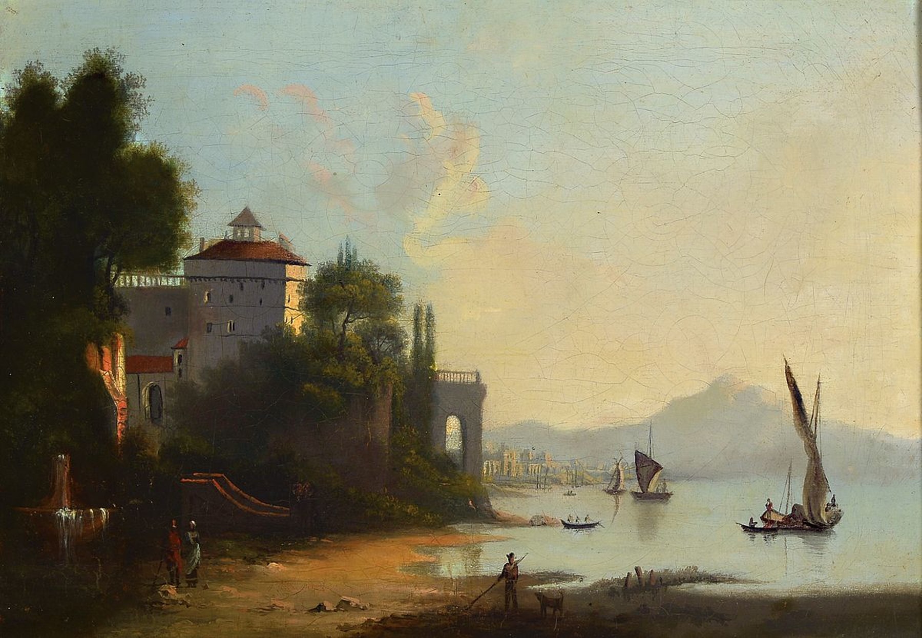 Zuschreibung: Francois Feyen-Perrin, 1826-1888, Italienische Seeuferlandschaft mit Booten und Ruine, Öl/Lwd, altersbedingt krakeliert, unsigniert, ...