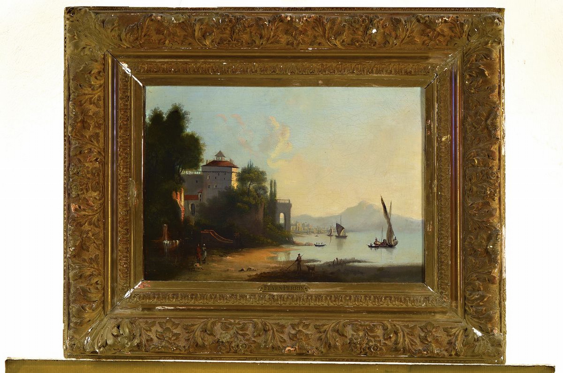 Detail k: Zuschreibung: Francois Feyen-Perrin, 1826-1888, Italienische Seeuferlandschaft mit Booten und Ruine, Öl/Lwd, altersbedingt krakeliert, unsigniert, ...