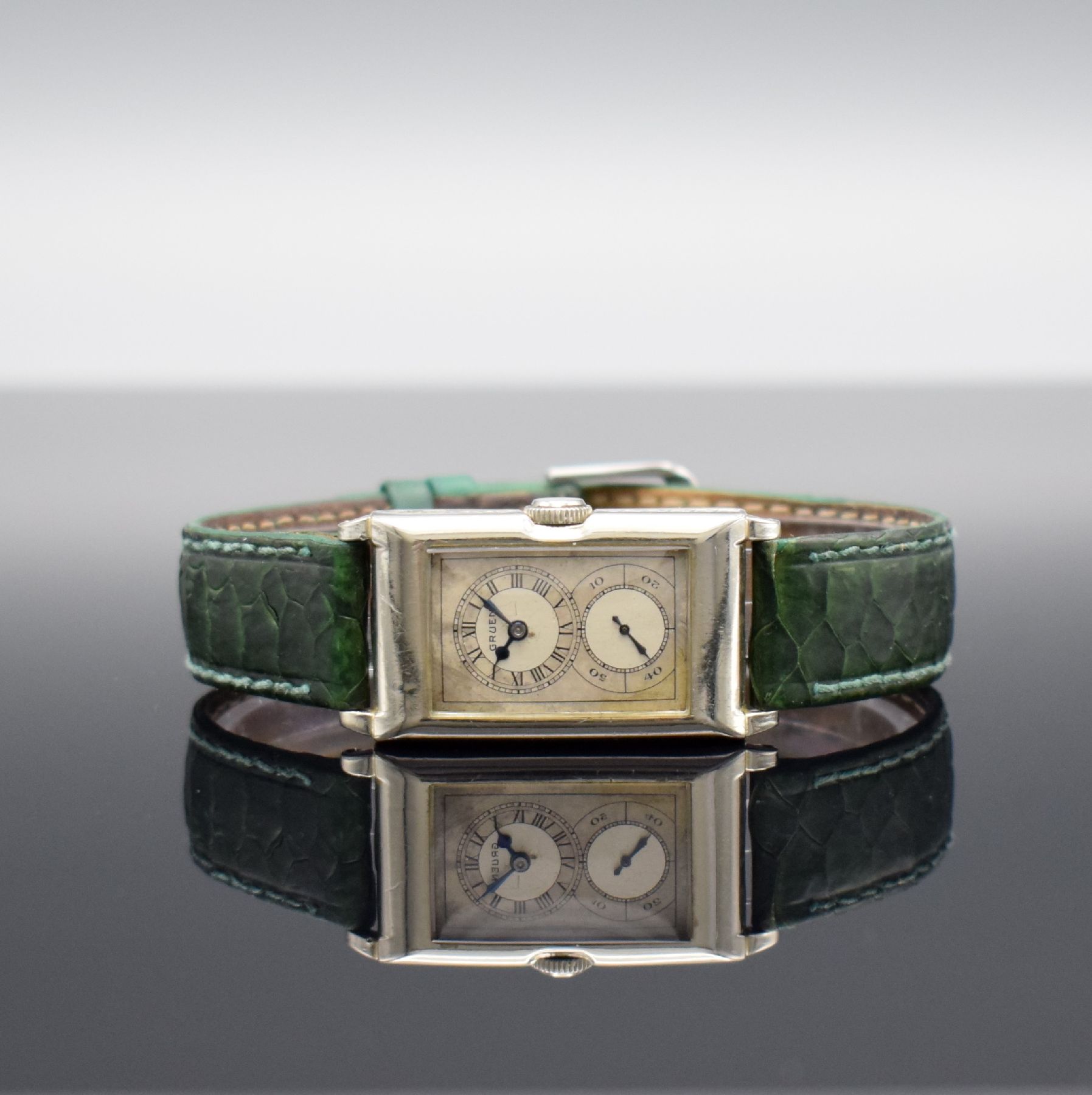 GRUEN seltene Herrenarmbanduhr sog. Doctors Watch Referenz 877/8, Schweiz f. US-Markt um 1935, Handaufzug, 2-teil. gold filled Gehäuse, Boden ...