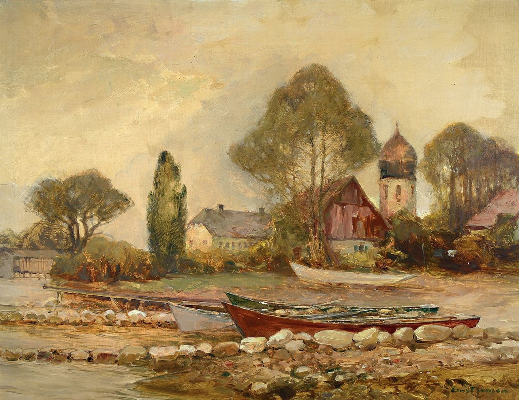 Ernst Jensen, 1863-1933, Seeuferlandschaft mit Fischerkähnen und Kapelle, Öl/Lwd, rechts unten signiert, ca. 70x90cm, R. ca. 90x110cm