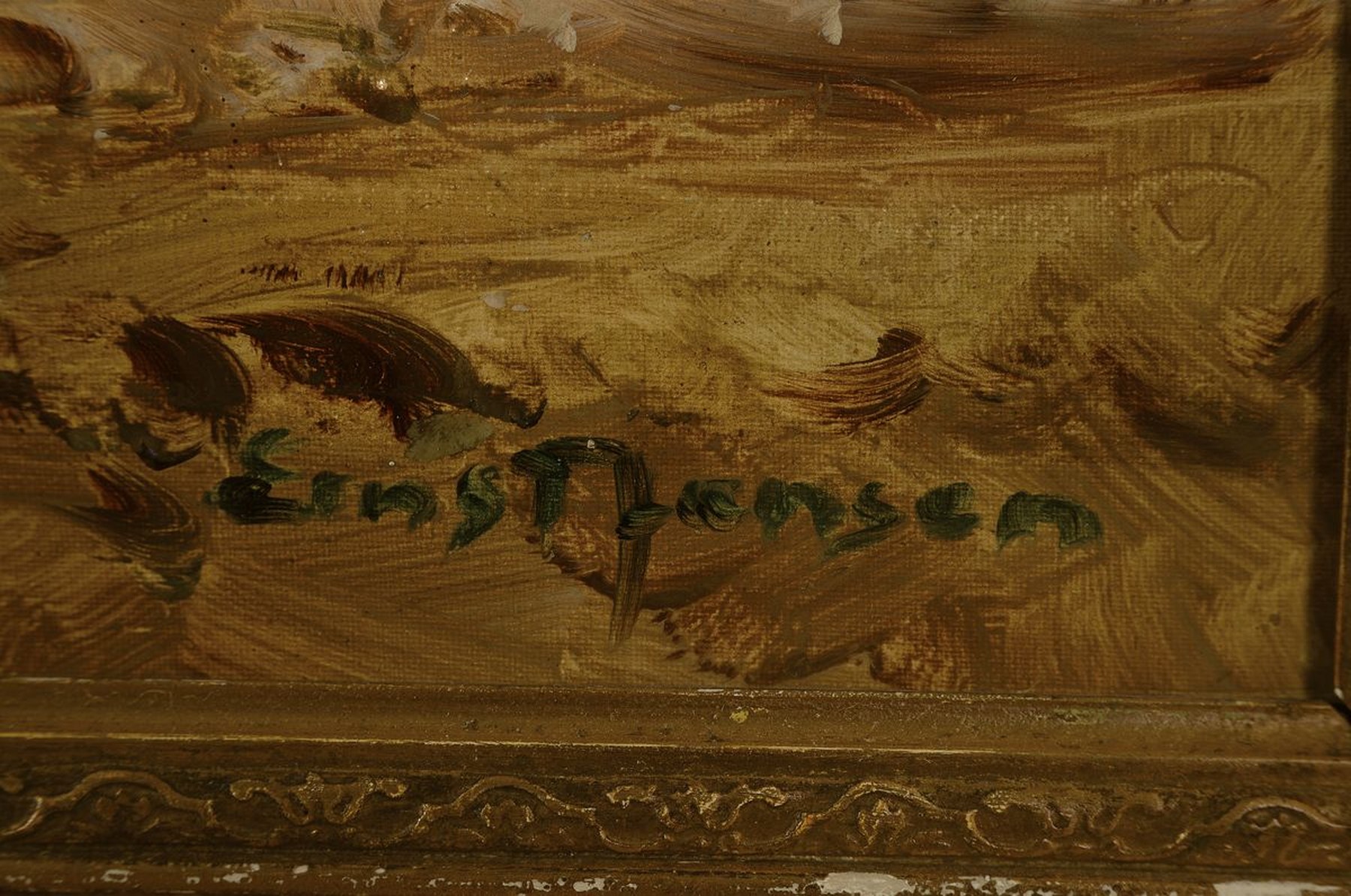 Detail a: Ernst Jensen, 1863-1933, Seeuferlandschaft mit Fischerkähnen und Kapelle, Öl/Lwd, rechts unten signiert, ca. 70x90cm, R. ca. 90x110cm
