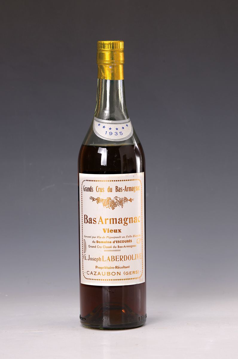 1 Flasche Bas Armagnac 1935, Domaine d'Escoubès grand cru, 70cl, 43 Vol.% top shoulder