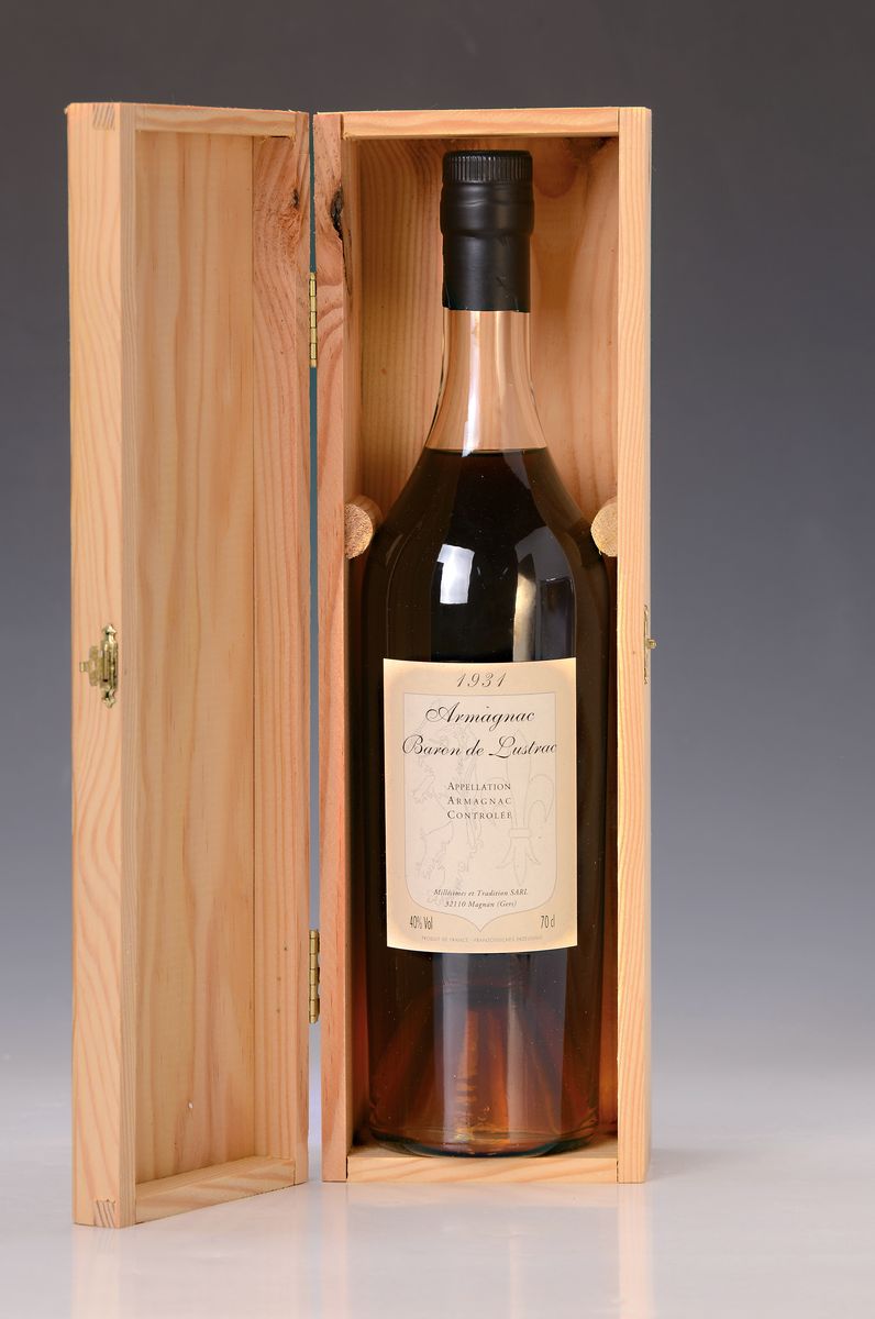 1 Flasche Armagnac 1931, Baron de Lustrac, 70cl, 40% Vol., orig. verkorkt, in Originalholzkiste