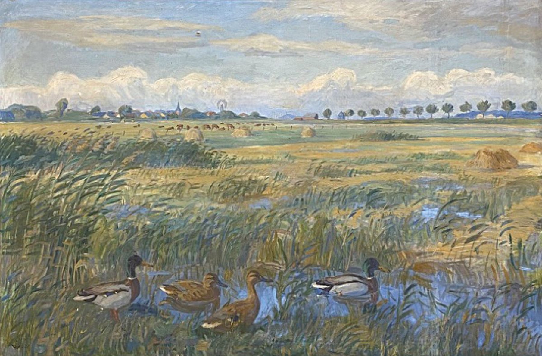 Monogrammist I.W., "Ententeich in Sommerlandschaft vor Dorfsilhouette", spätimpressionistische Landschaftsauffassung mit gekonnter ...