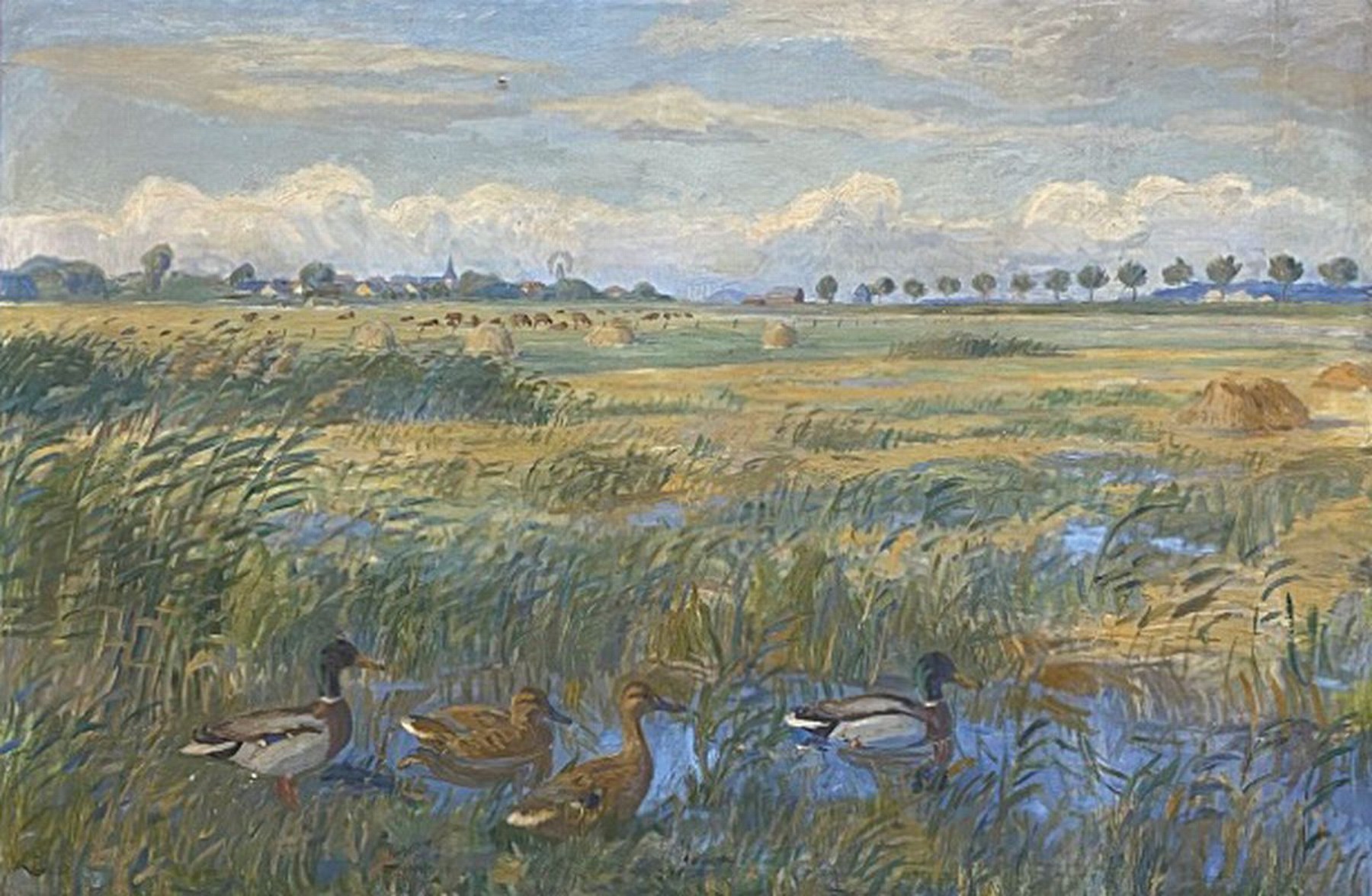 Detail a: Monogrammist I.W., "Ententeich in Sommerlandschaft vor Dorfsilhouette", spätimpressionistische Landschaftsauffassung mit gekonnter ...