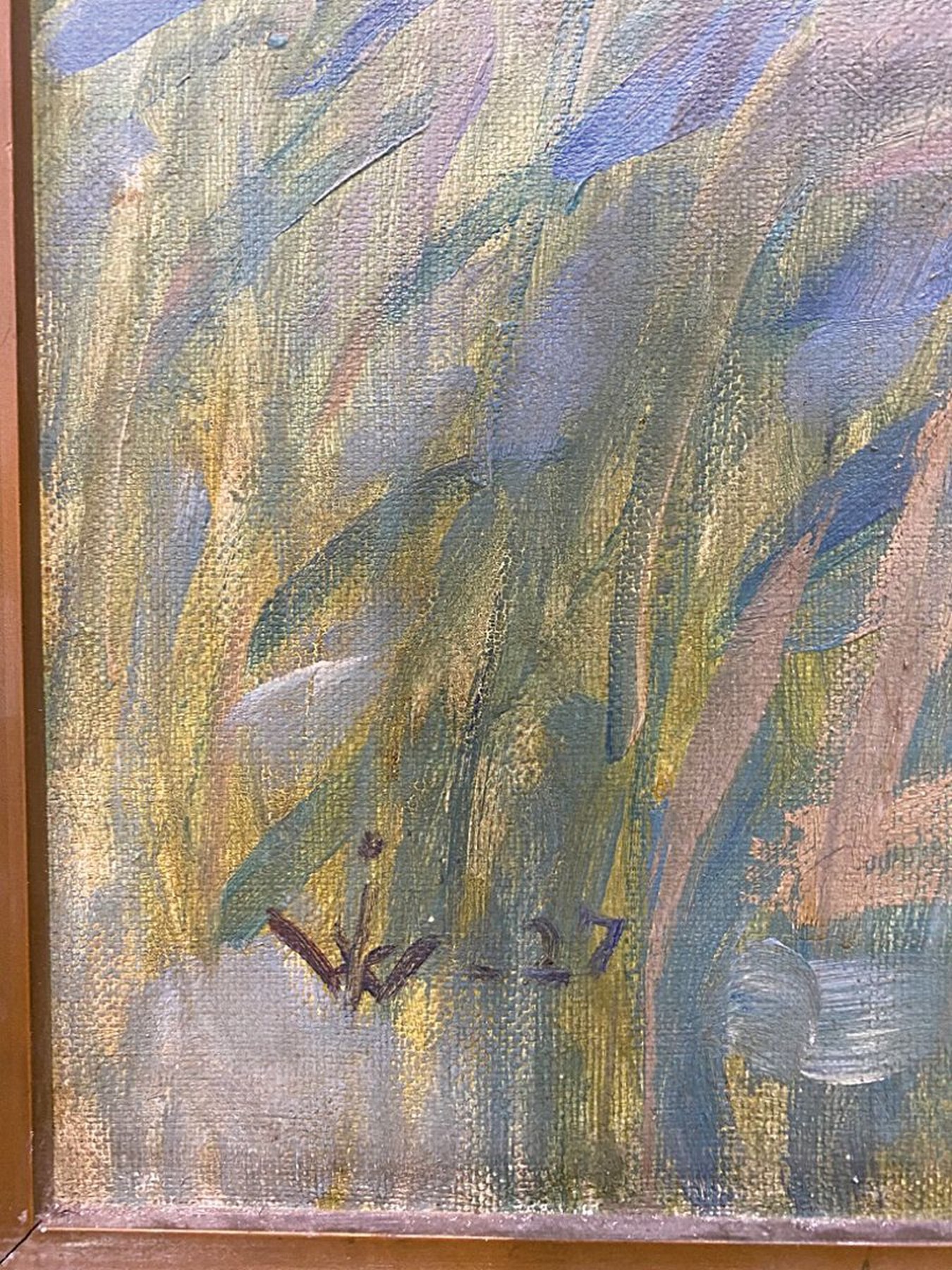 Detail b: Monogrammist I.W., "Ententeich in Sommerlandschaft vor Dorfsilhouette", spätimpressionistische Landschaftsauffassung mit gekonnter ...