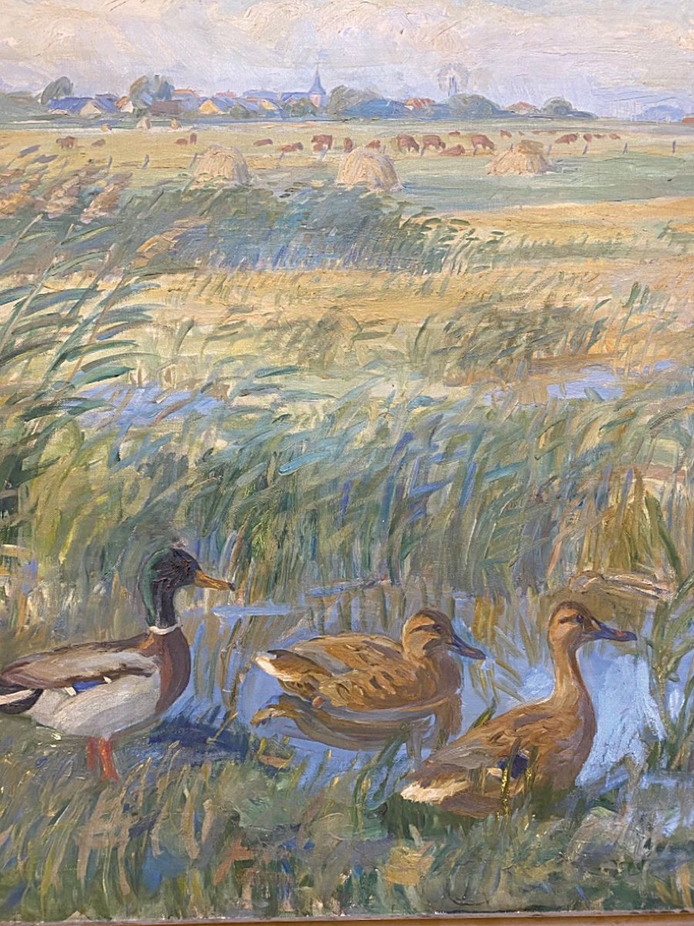 Detail n: Monogrammist I.W., "Ententeich in Sommerlandschaft vor Dorfsilhouette", spätimpressionistische Landschaftsauffassung mit gekonnter ...