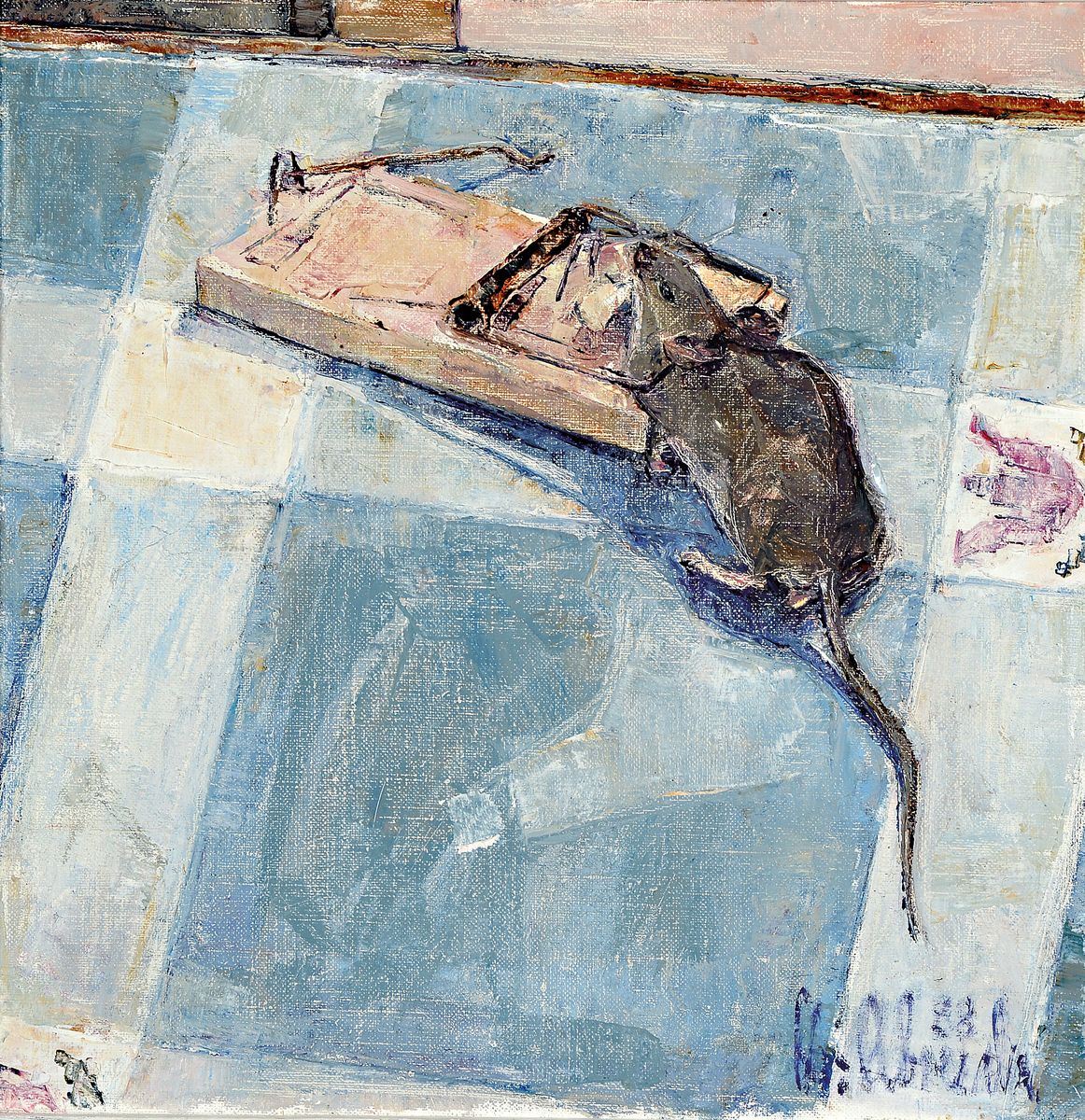 Christel Abresch, 1931 Sulzbach-2011 Neustadt, 2 Arbeiten: Maus in der Falle, Öl/Lwd, signiert und dat. 98, ca. 30x30cm; Blumenstrauß in gläserner ...