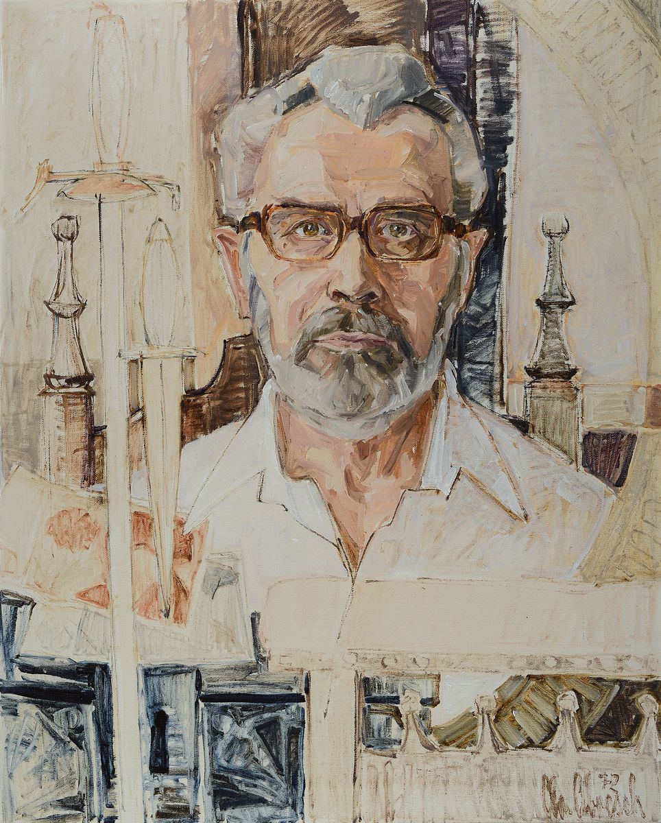 Christel Abresch, 1931 Sulzbach-2011 Neustadt, Herrenporträt vor Architektur Kulisse,Öl/Lwd, rechts unten signiert und dat. 72, ca. 75x60cm