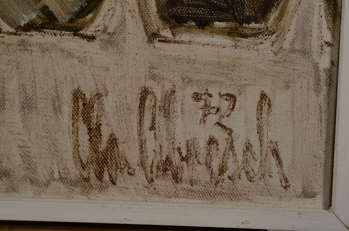 Detail a: Christel Abresch, 1931 Sulzbach-2011 Neustadt, Herrenporträt vor Architektur Kulisse,Öl/Lwd, rechts unten signiert und dat. 72, ca. 75x60cm