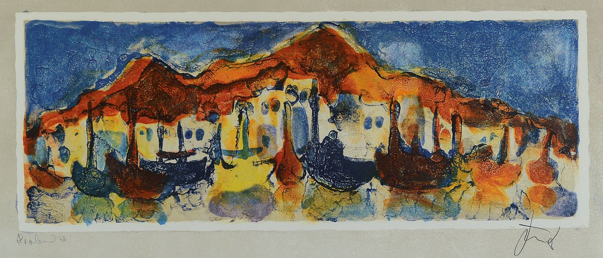 Christian Kruck, 1925 Hamburg-1985 Frankfurt/ Main, südliche Hafenlandschaft mit Schiffen und Gondeln, Farblithographie, handsigniert, bez.: ...