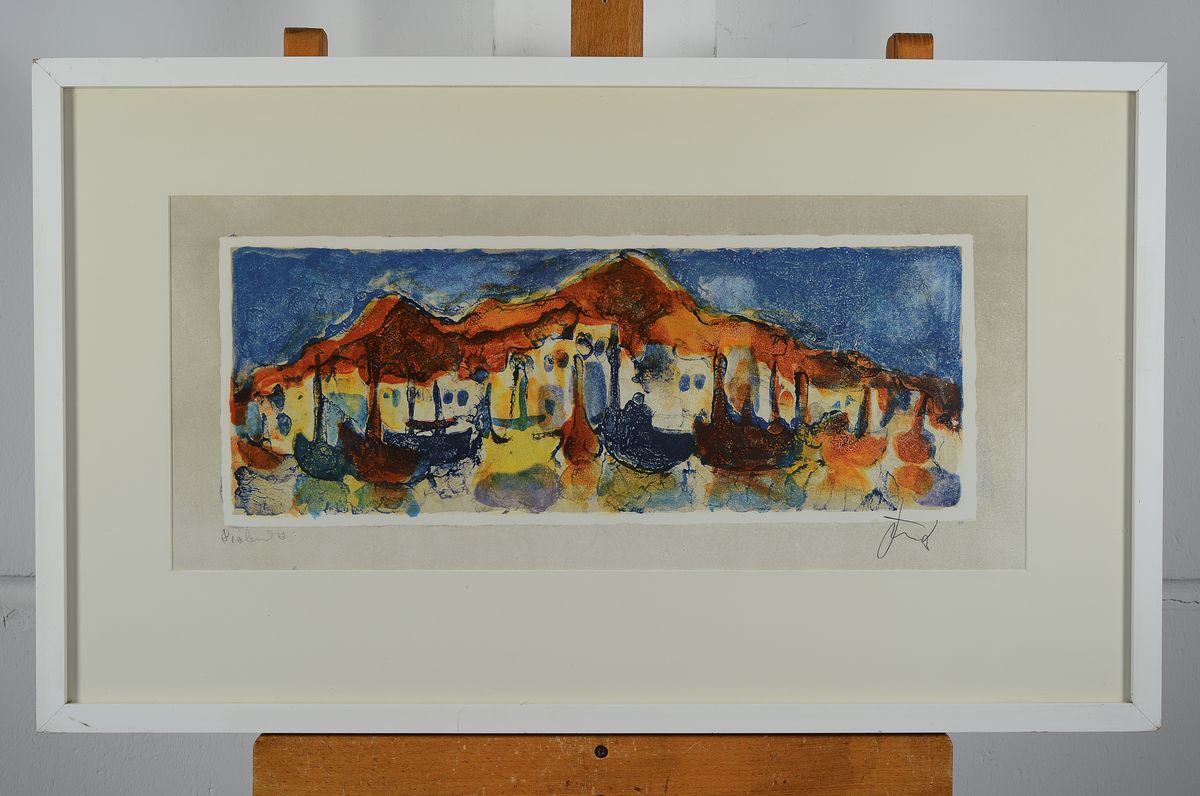Detail k: Christian Kruck, 1925 Hamburg-1985 Frankfurt/ Main, südliche Hafenlandschaft mit Schiffen und Gondeln, Farblithographie, handsigniert, bez.: ...