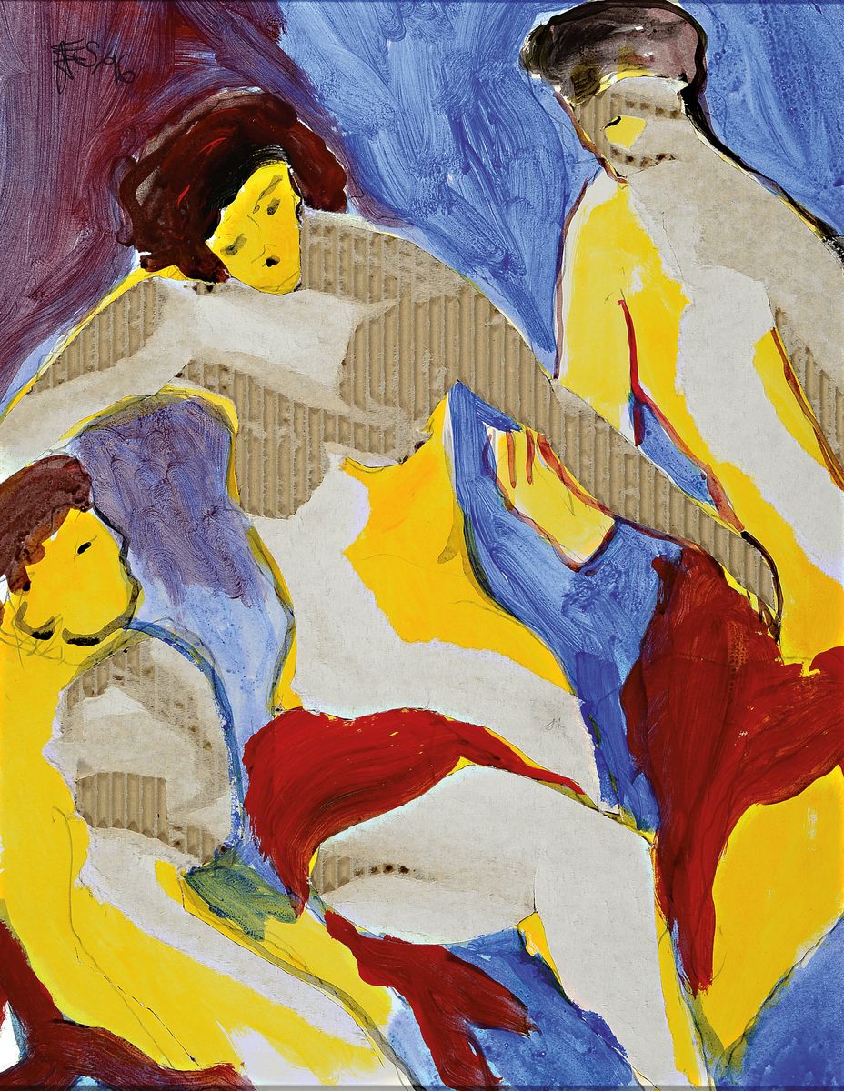 Jürgen E. Stolte, geb. 1961, tätig in Düsseldorf, Figurengruppe mit Frau und Männern, Wellpappen-Kunst mit Decollage Methode, currogated art, ...