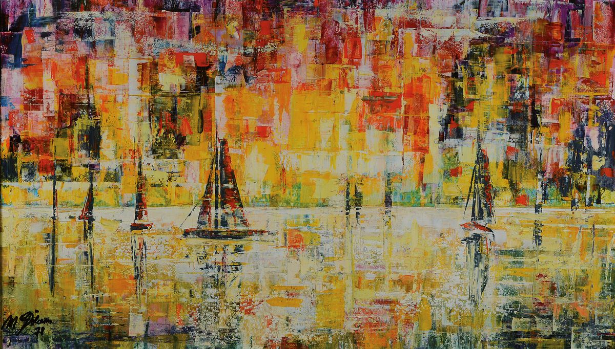 M. Poulain, datiert 1978, 2 Gemälde in Öl auf Spamplatte, Stillleben und Hafenansicht, beide signiert und datiert, je ca. 53x92cm