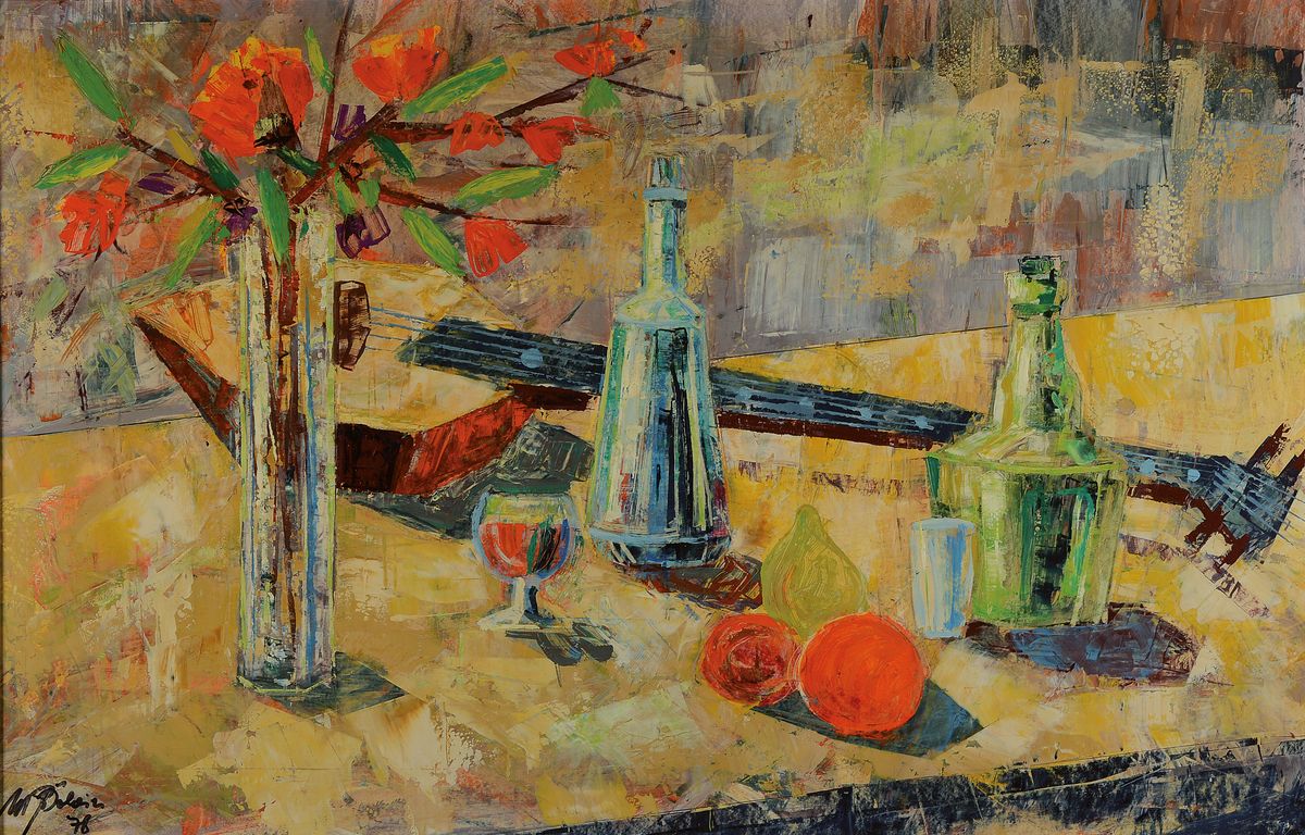 Detail b: M. Poulain, datiert 1978, 2 Gemälde in Öl auf Spamplatte, Stillleben und Hafenansicht, beide signiert und datiert, je ca. 53x92cm