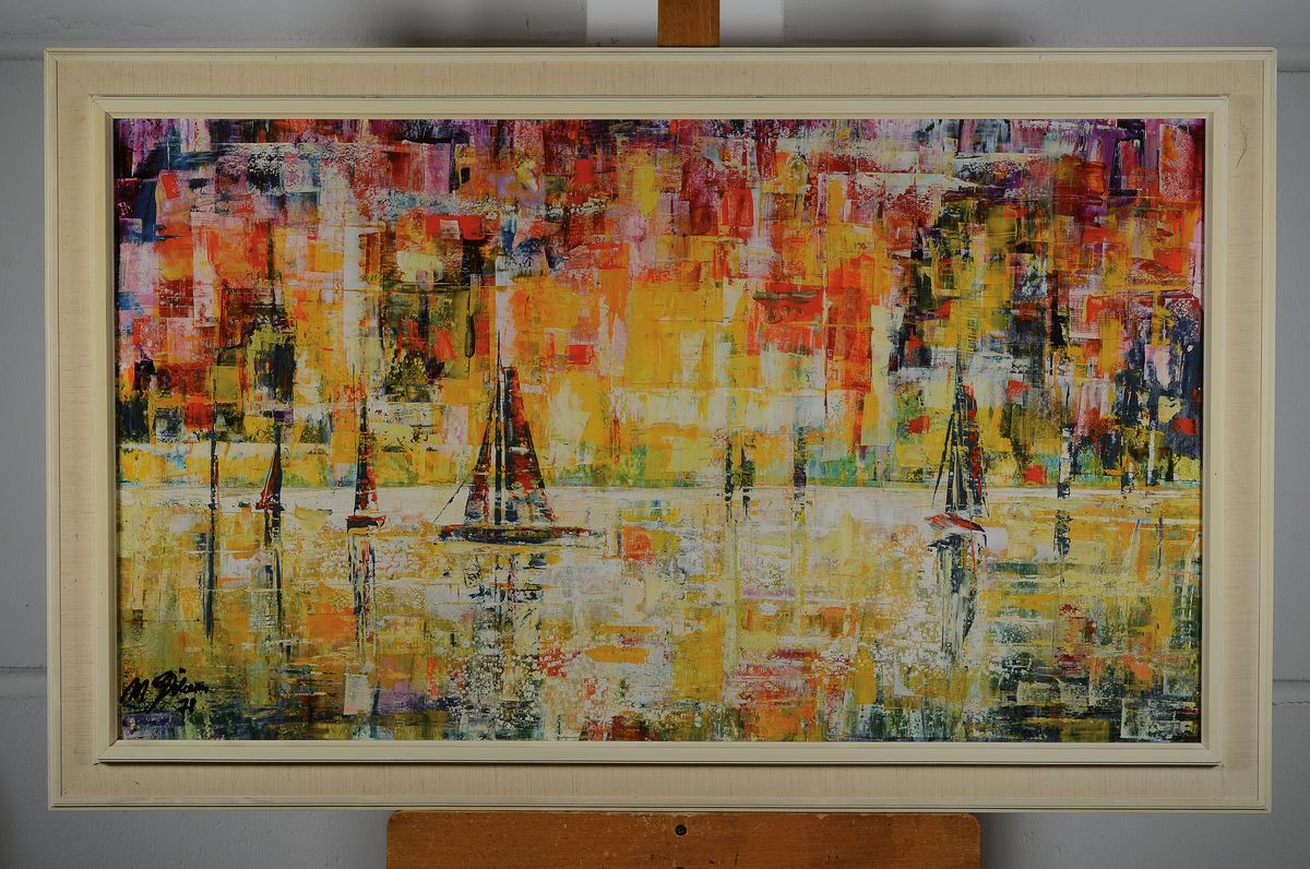 Detail k: M. Poulain, datiert 1978, 2 Gemälde in Öl auf Spamplatte, Stillleben und Hafenansicht, beide signiert und datiert, je ca. 53x92cm