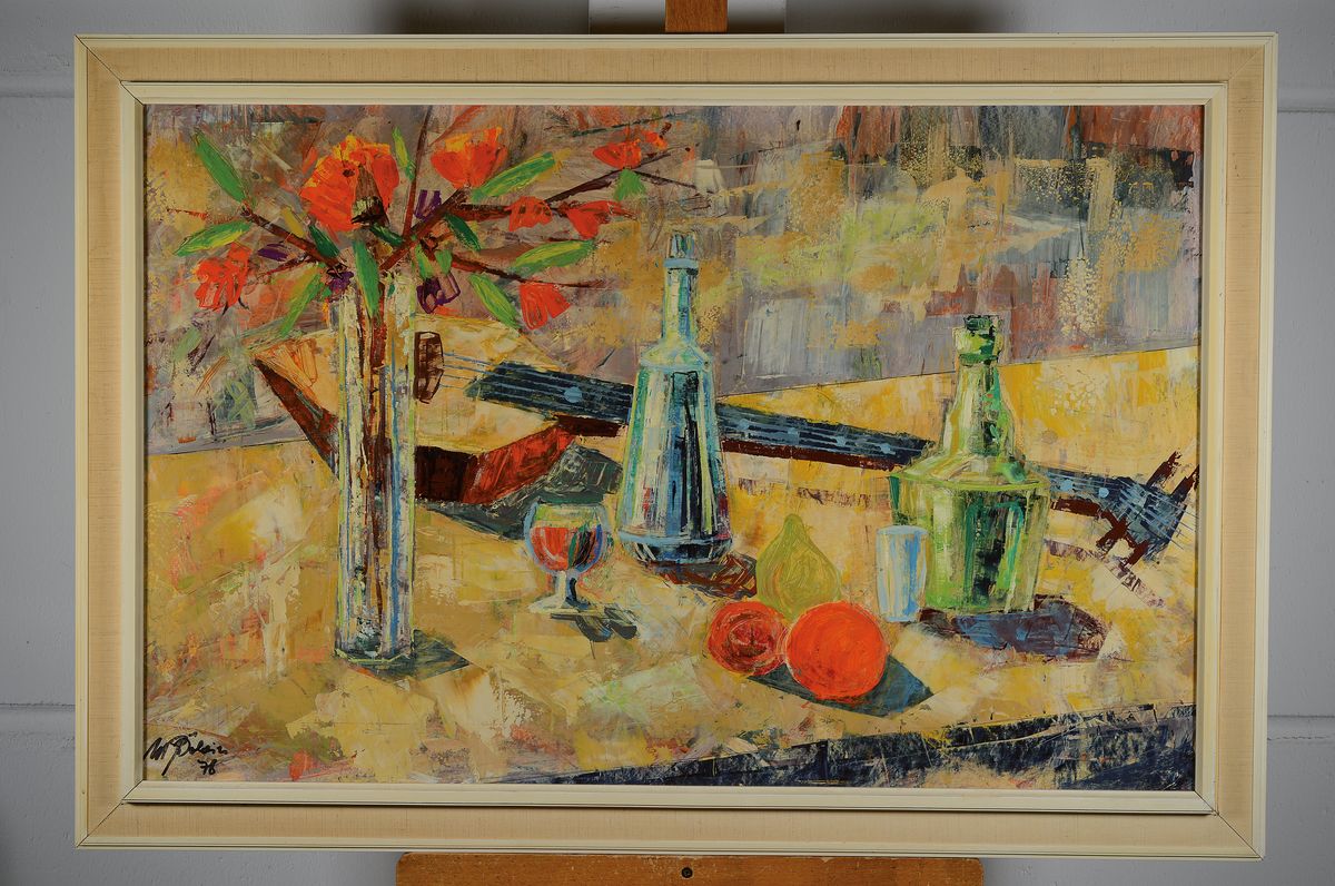 Detail m: M. Poulain, datiert 1978, 2 Gemälde in Öl auf Spamplatte, Stillleben und Hafenansicht, beide signiert und datiert, je ca. 53x92cm
