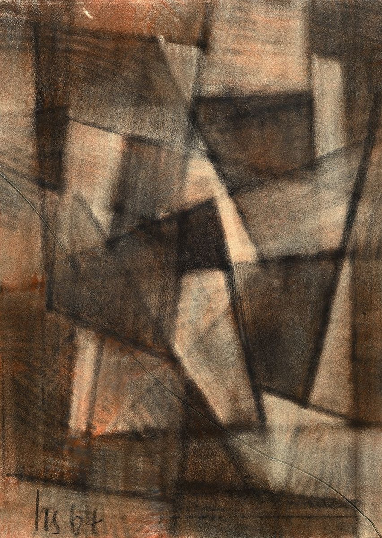 Hannes Schmucker, 1899-1965, abstrakte Komposition, Pastell auf Papier, links unten monogr. und dat. 64, ca. 70x50cm, Glas mit Sprung