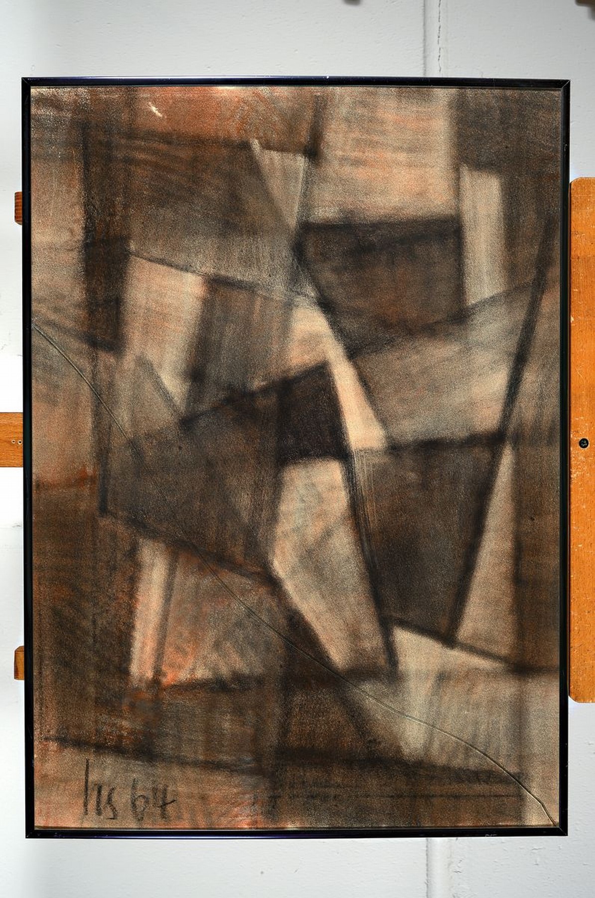 Detail k: Hannes Schmucker, 1899-1965, abstrakte Komposition, Pastell auf Papier, links unten monogr. und dat. 64, ca. 70x50cm, Glas mit Sprung