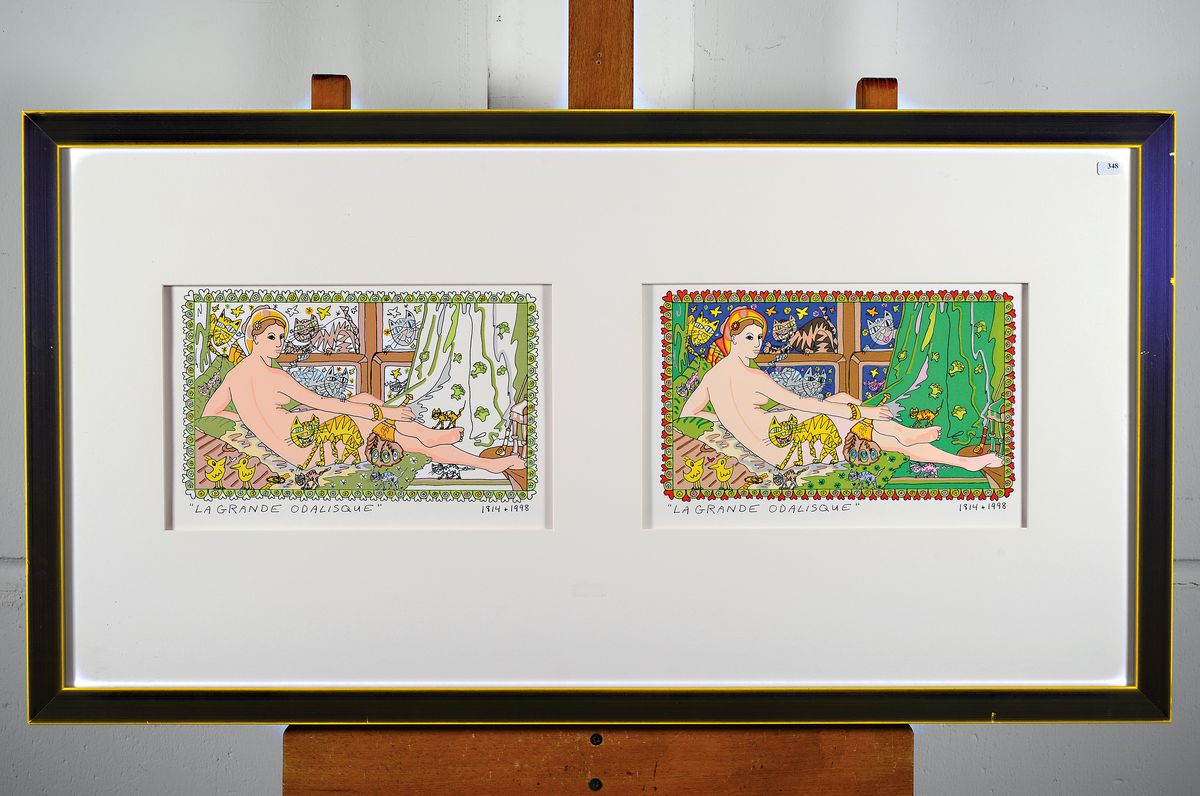 Detail k: James Rizzi, 1950-2011, Lithografie, "La Grande Odalisque", dat.1814+1998, unter Glas gerahmt, gesamt ca. 88x130 cm