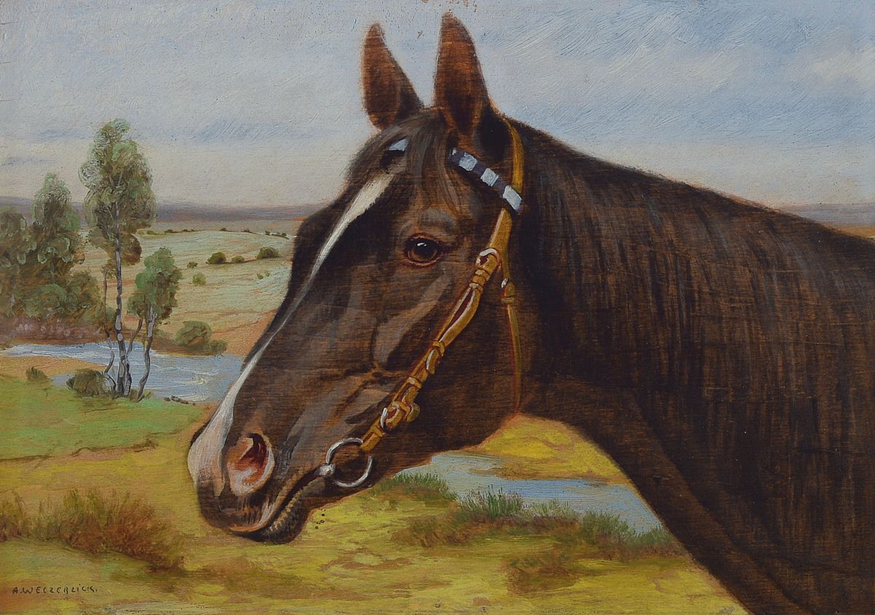 Alfred Weczerzick, 1865 Herischdorf/Schlesien -1952 Berlin, Pferdekopf vor Landschaft, Öl/Holz, links unten signiert, ca. 14.5x21cm, R. ca. 26x32cm