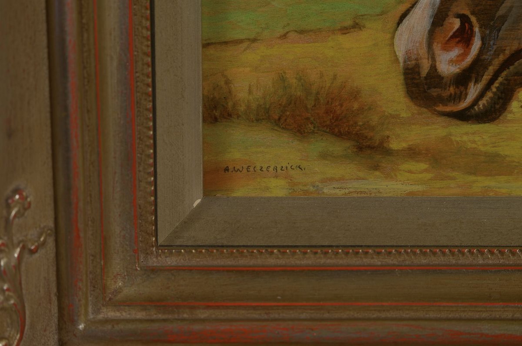 Detail a: Alfred Weczerzick, 1865 Herischdorf/Schlesien -1952 Berlin, Pferdekopf vor Landschaft, Öl/Holz, links unten signiert, ca. 14.5x21cm, R. ca. 26x32cm