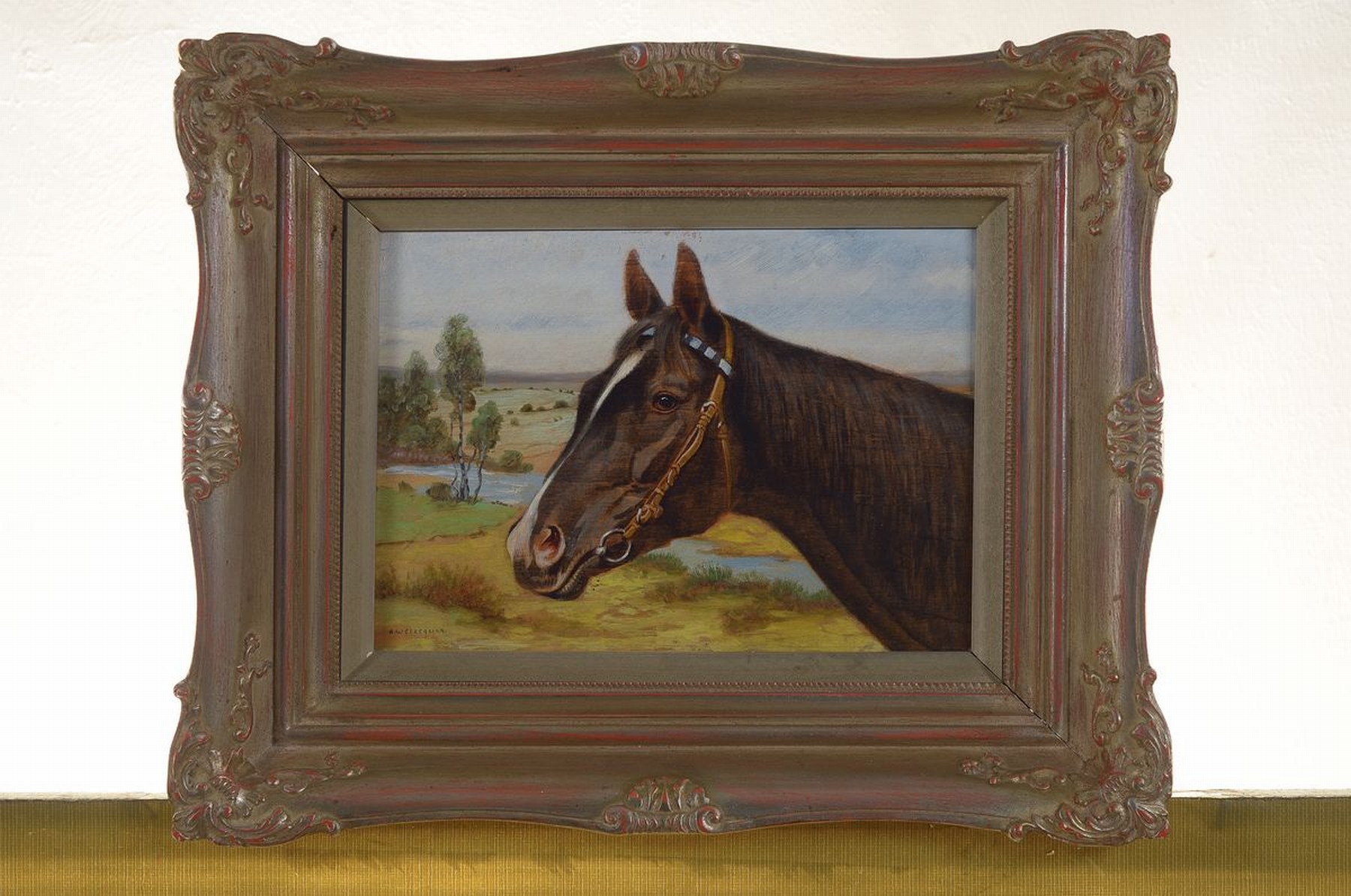 Detail k: Alfred Weczerzick, 1865 Herischdorf/Schlesien -1952 Berlin, Pferdekopf vor Landschaft, Öl/Holz, links unten signiert, ca. 14.5x21cm, R. ca. 26x32cm