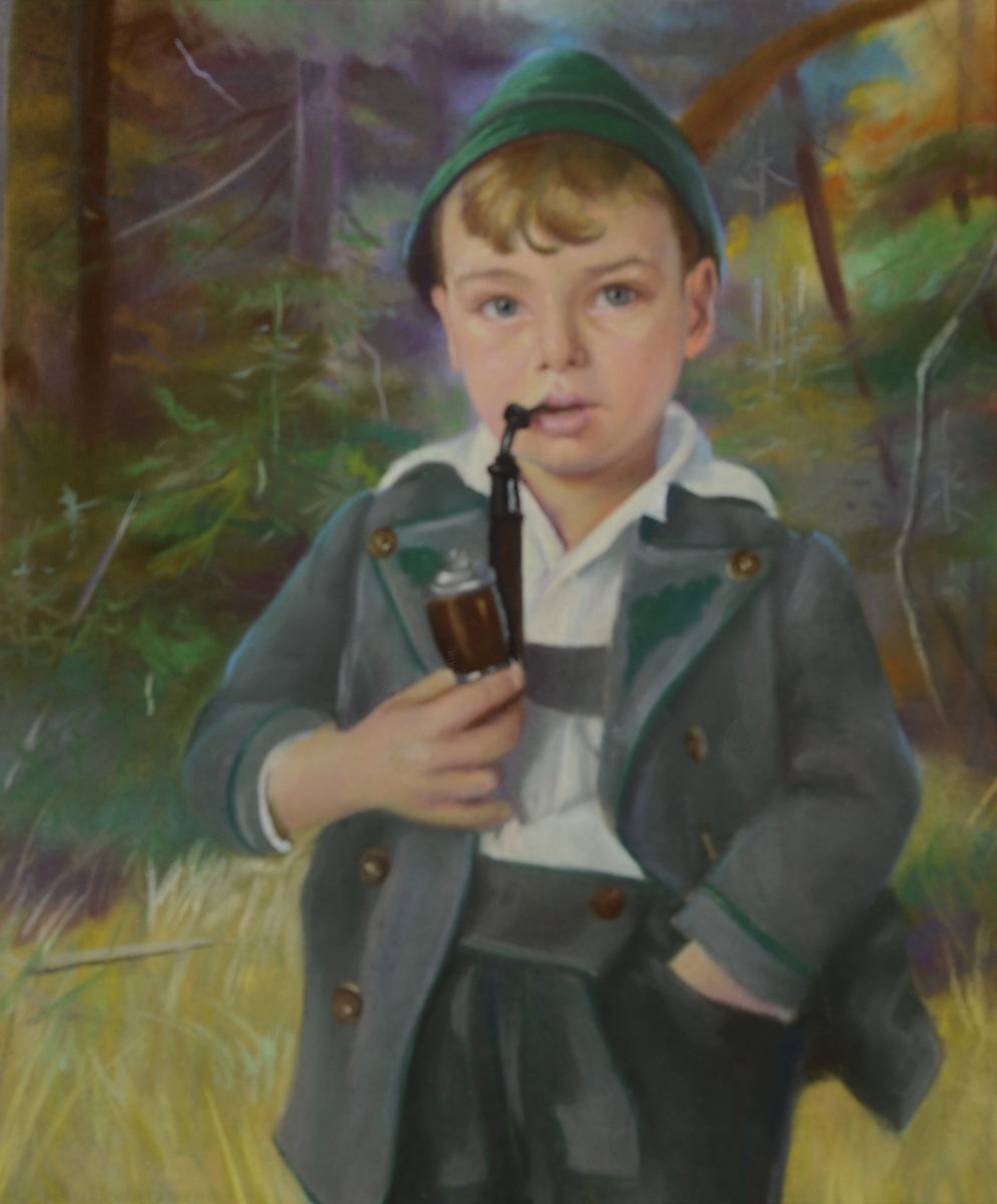 Willy Deutschmann, 1880 Oberflörsheim-1960 Petersbächel, Porträt eines Jungen in der Försteruniform mit Pfeife, Pastell auf Papier, links unten ...