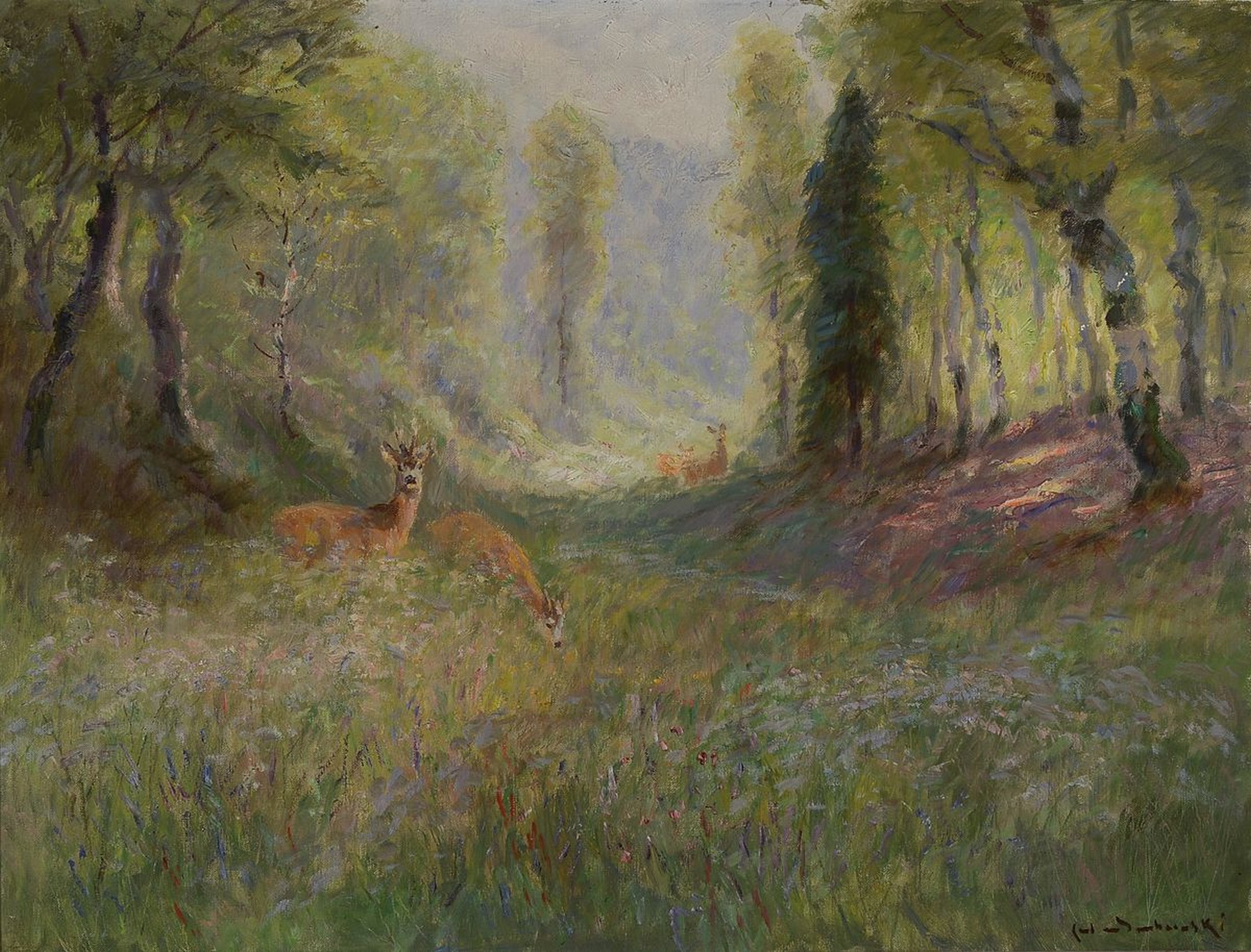Carl Ritter von Dombrowski, 1872 Schloß Ullitz-1951 Obermenzing/München, Rehe auf einer Lichtung, Öl/Lwd, rechts unten signiert, ca. 65x85cm, R. ...