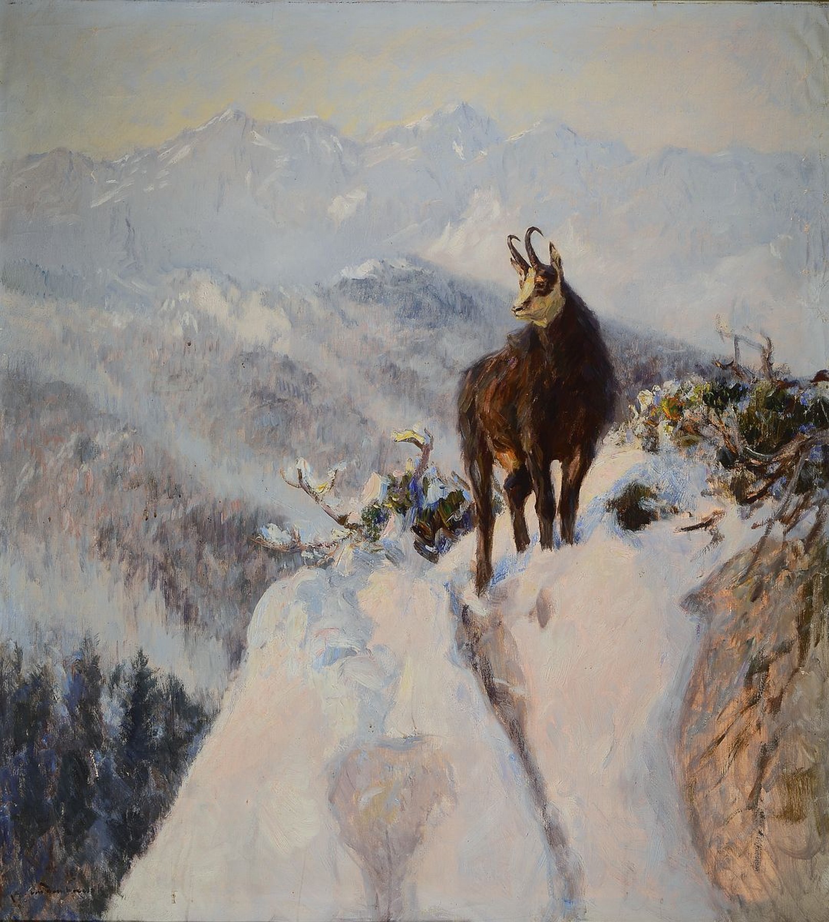Carl Ritter von Dombrowski, 1872 Schloß Ullitz-1952 Obermenzing/München, Gamsbock im verschneiten Hochgebirge, Öl/Lwd, signiert, ca. 110x100cm, R. ...