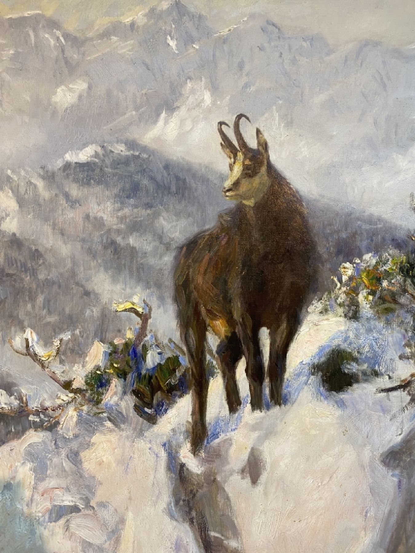 Detail d: Carl Ritter von Dombrowski, 1872 Schloß Ullitz-1952 Obermenzing/München, Gamsbock im verschneiten Hochgebirge, Öl/Lwd, signiert, ca. 110x100cm, R. ...