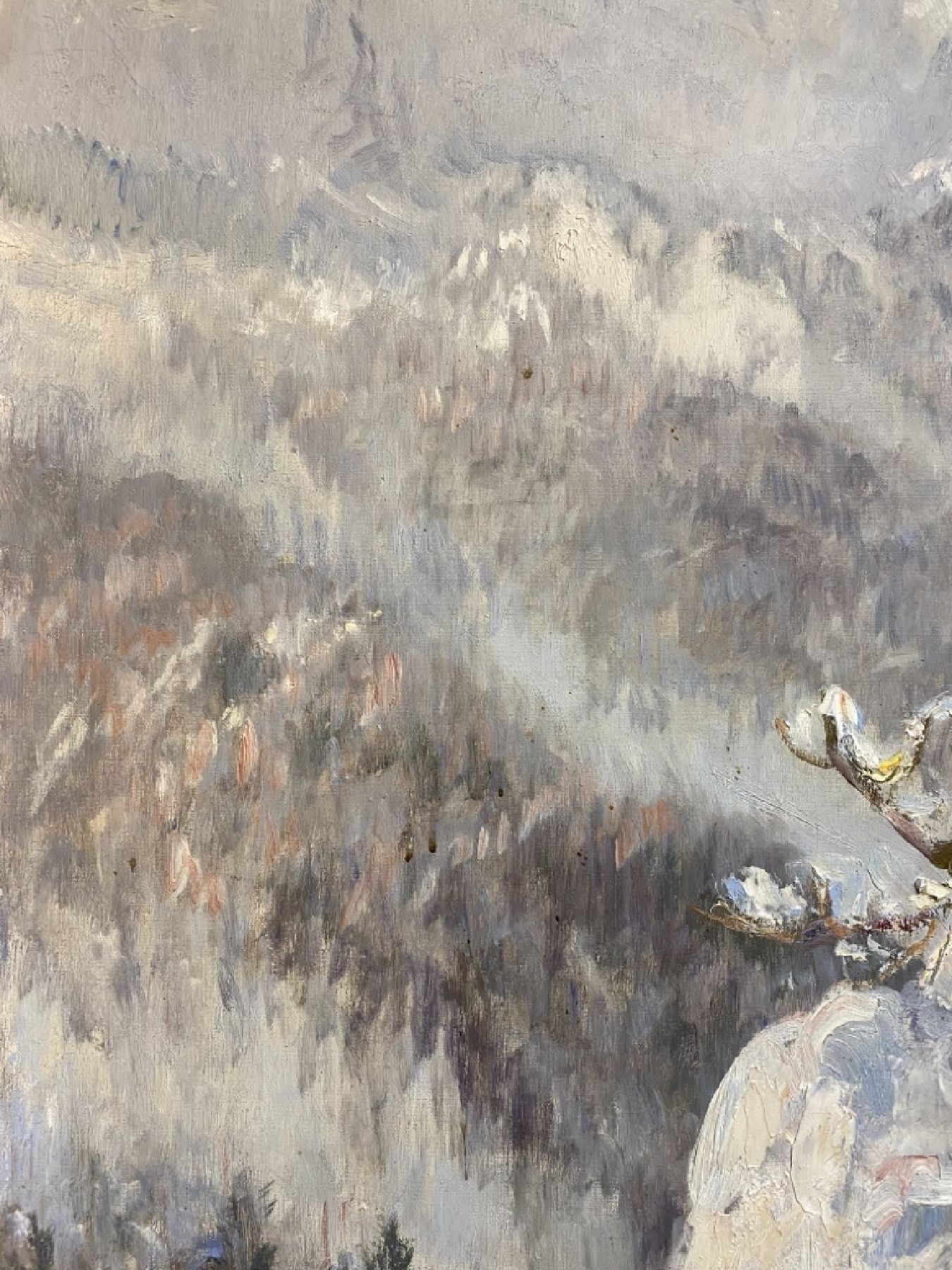 Detail e: Carl Ritter von Dombrowski, 1872 Schloß Ullitz-1952 Obermenzing/München, Gamsbock im verschneiten Hochgebirge, Öl/Lwd, signiert, ca. 110x100cm, R. ...