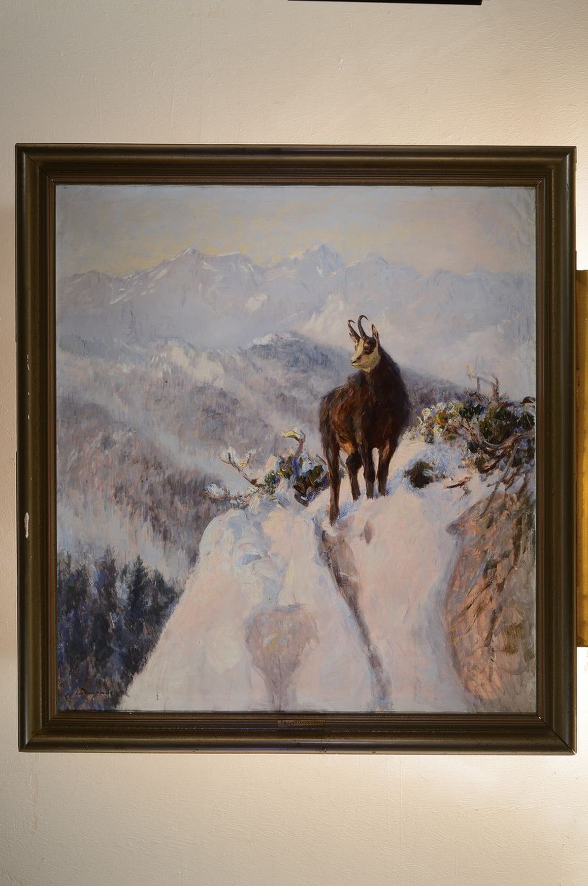 Detail k: Carl Ritter von Dombrowski, 1872 Schloß Ullitz-1952 Obermenzing/München, Gamsbock im verschneiten Hochgebirge, Öl/Lwd, signiert, ca. 110x100cm, R. ...