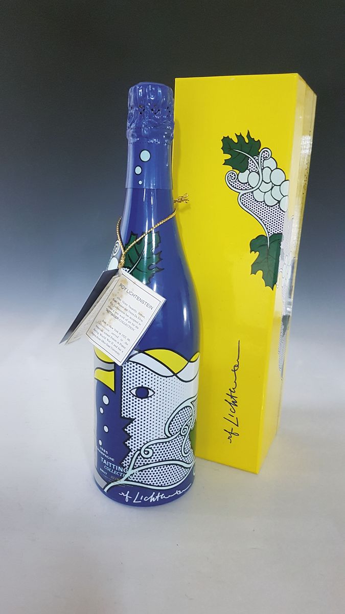 1 Flasche Taittinger Champagner 1985, Collection, brut, Design by Roy Lichtenstein, im orig. Karton