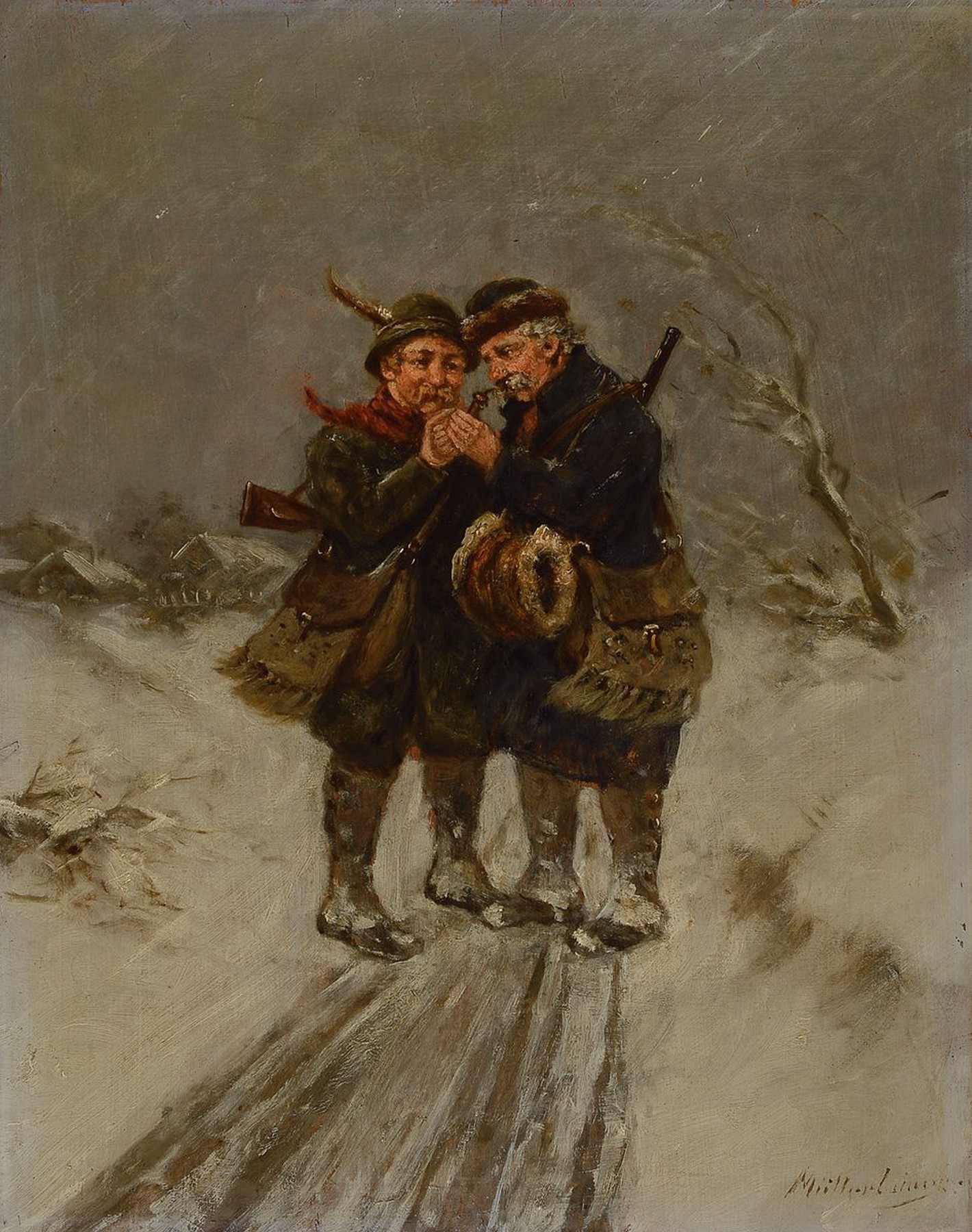 Albert Müller-Lingke, 1844 Altenburg-1930 München, zwei Jäger im Gespräch auf einem verschneiten Weg, Öl/Malkarton, rechts unten signiert, ca. ...