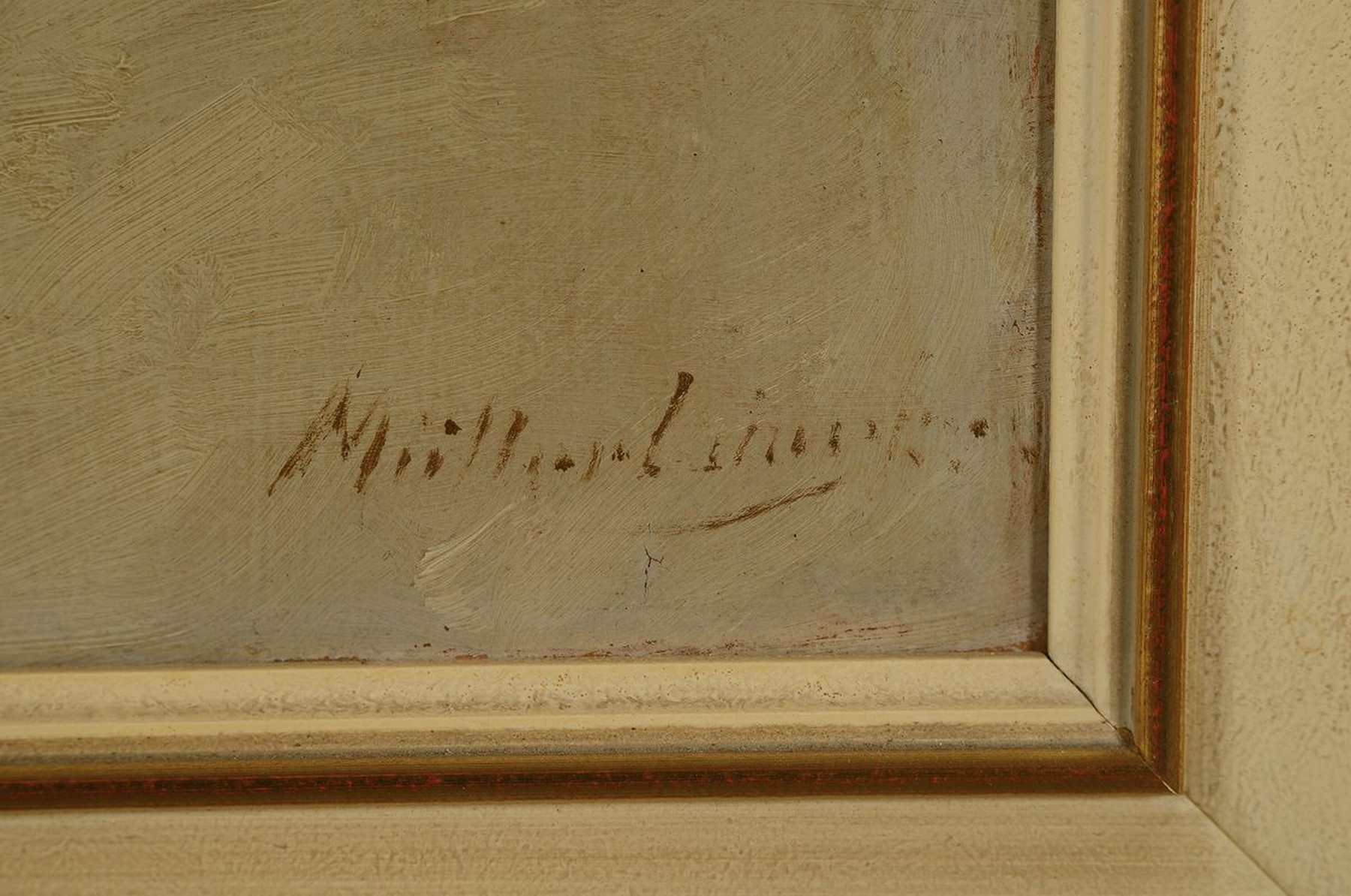 Detail a: Albert Müller-Lingke, 1844 Altenburg-1930 München, zwei Jäger im Gespräch auf einem verschneiten Weg, Öl/Malkarton, rechts unten signiert, ca. ...