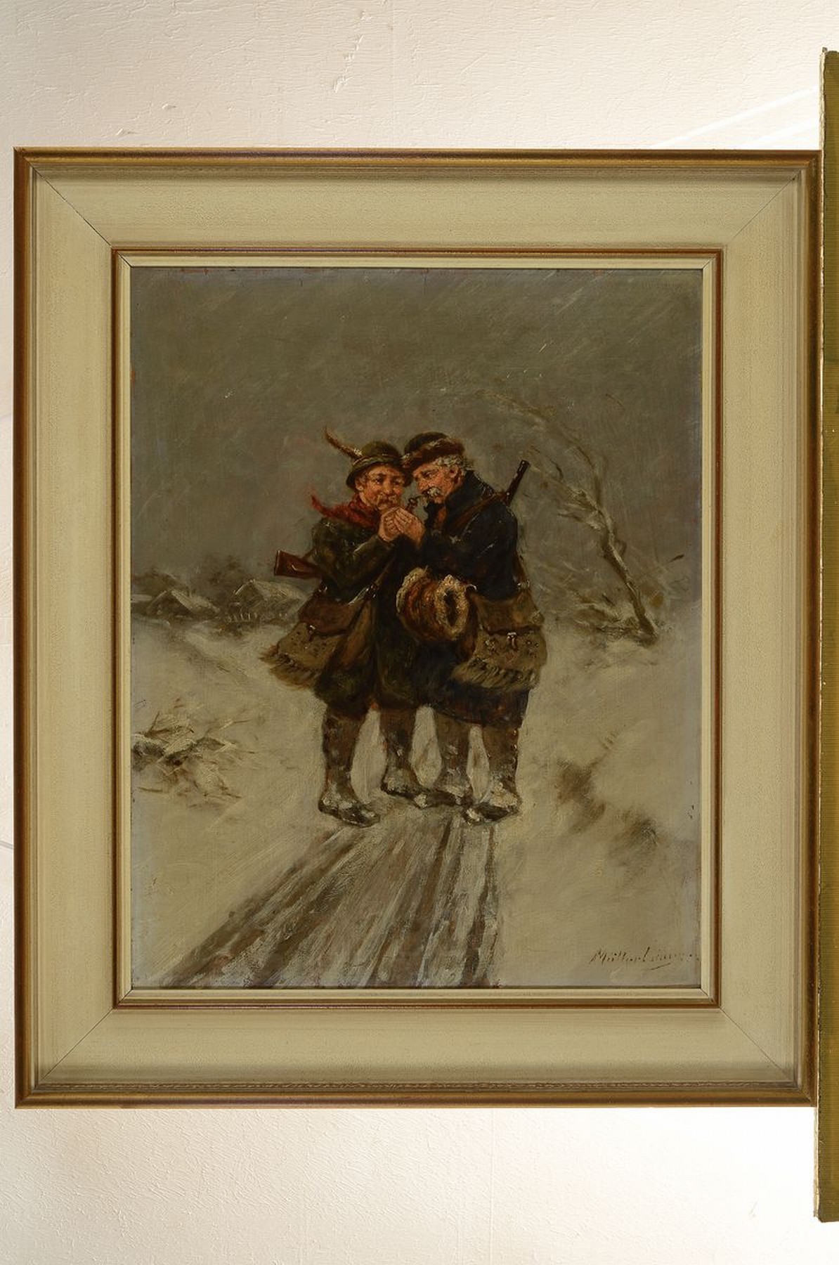 Detail k: Albert Müller-Lingke, 1844 Altenburg-1930 München, zwei Jäger im Gespräch auf einem verschneiten Weg, Öl/Malkarton, rechts unten signiert, ca. ...