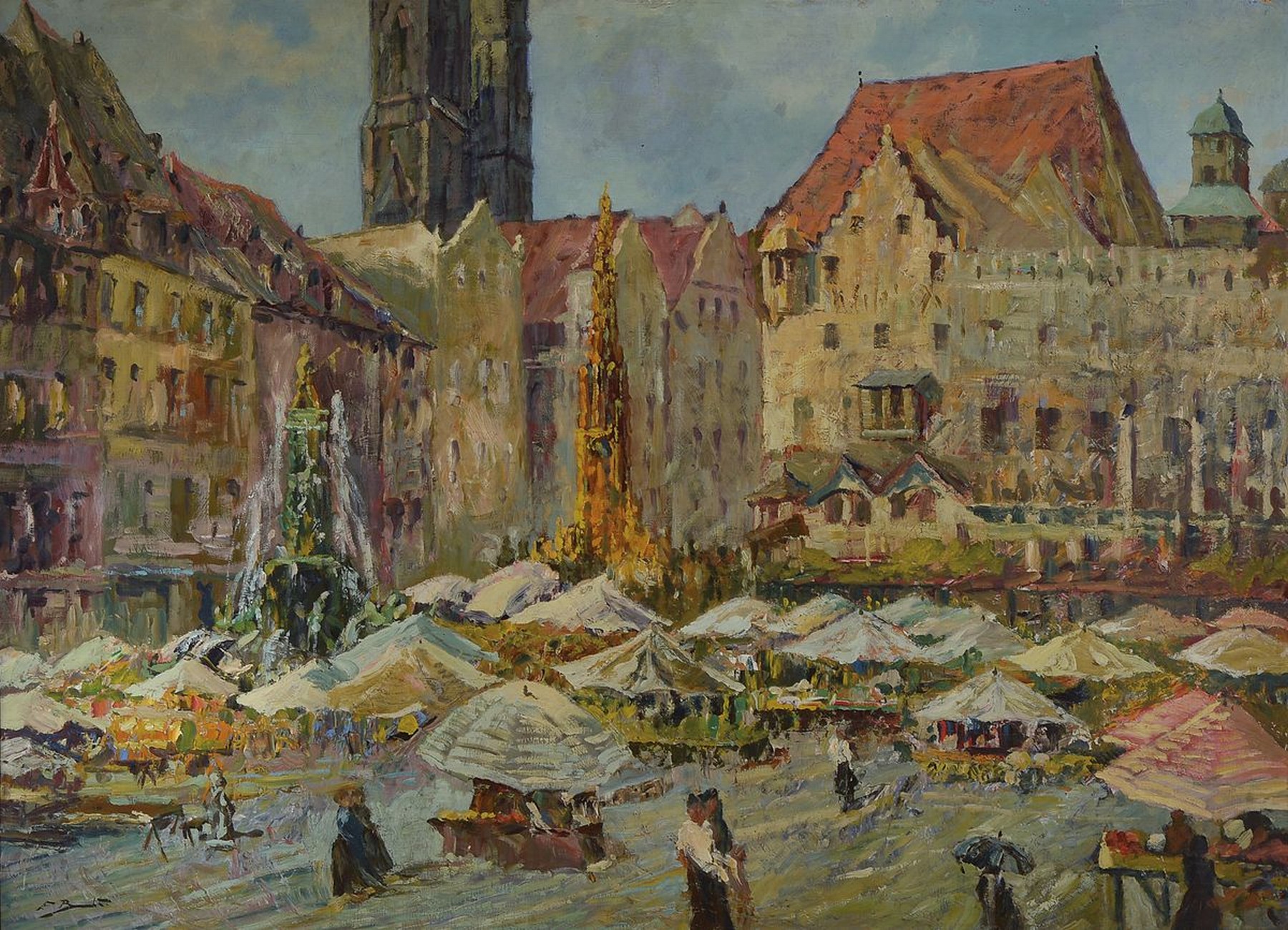 Unbekannter Künstler, 1. Hälfte 20. Jh., Blick auf den belebten Marktplatz von Nürnberg, Öl/Sperrholz, links unten unleserlich signiert, ca. ...