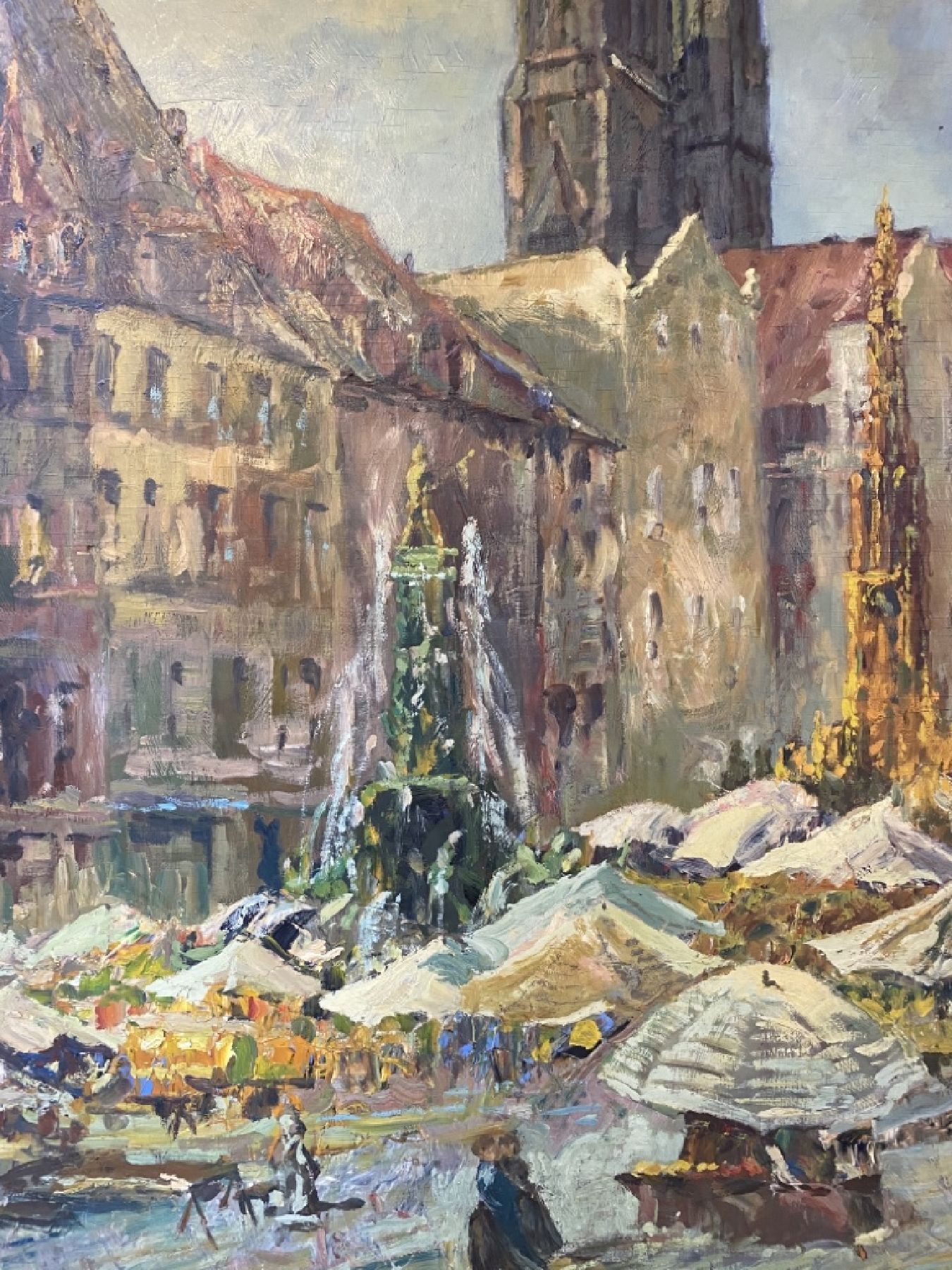 Detail b: Unbekannter Künstler, 1. Hälfte 20. Jh., Blick auf den belebten Marktplatz von Nürnberg, Öl/Sperrholz, links unten unleserlich signiert, ca. ...