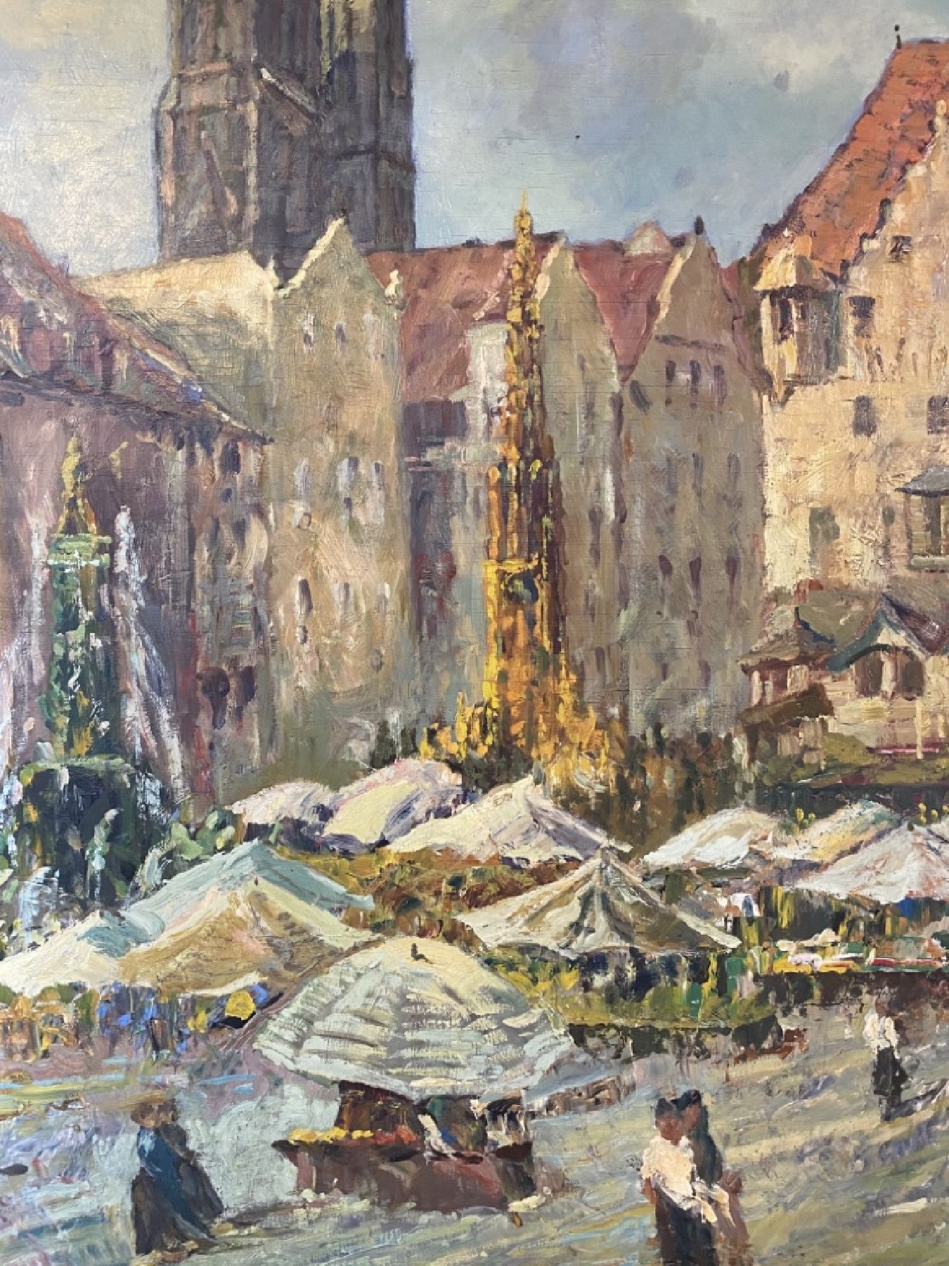 Detail c: Unbekannter Künstler, 1. Hälfte 20. Jh., Blick auf den belebten Marktplatz von Nürnberg, Öl/Sperrholz, links unten unleserlich signiert, ca. ...