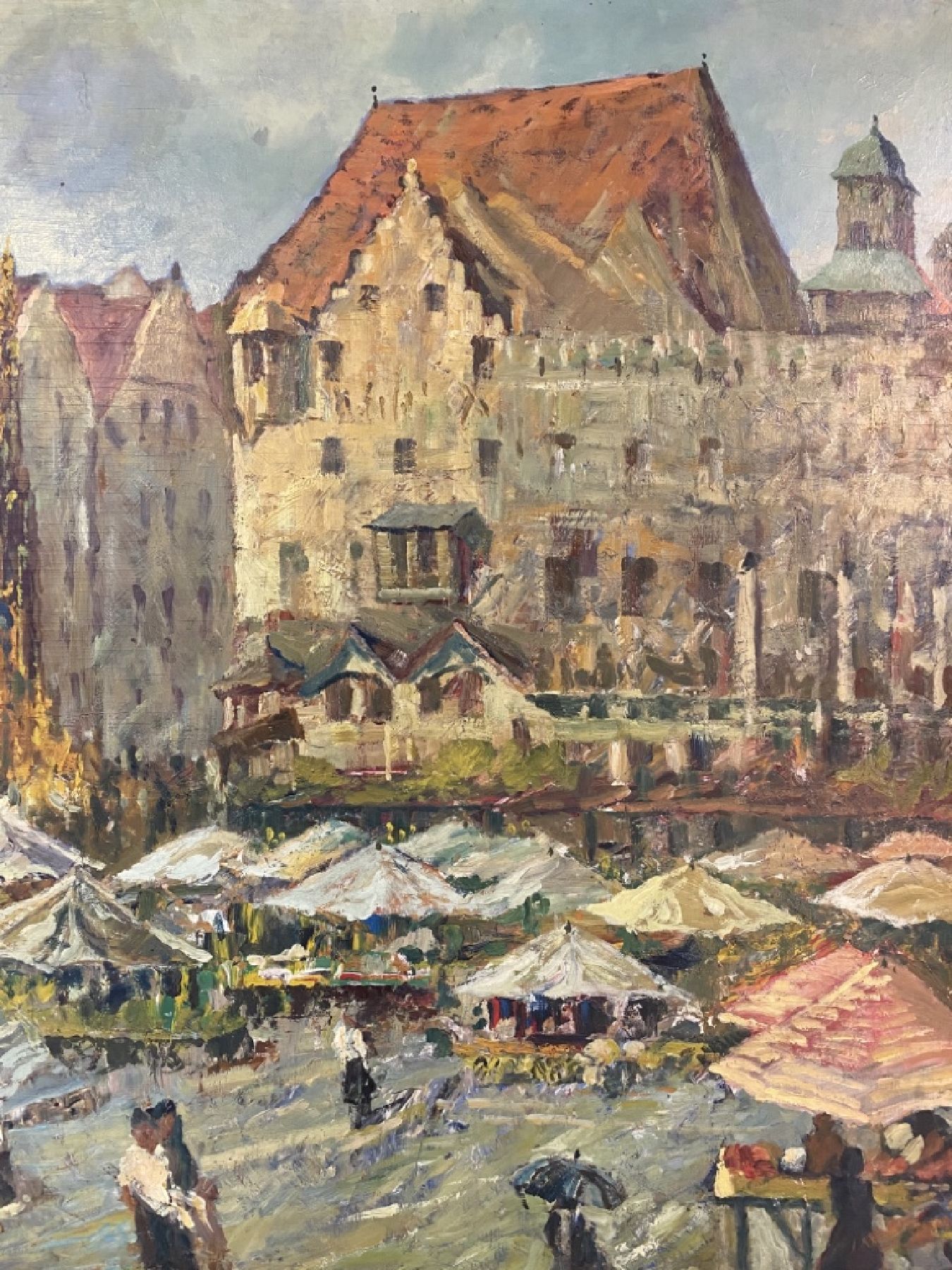Detail d: Unbekannter Künstler, 1. Hälfte 20. Jh., Blick auf den belebten Marktplatz von Nürnberg, Öl/Sperrholz, links unten unleserlich signiert, ca. ...